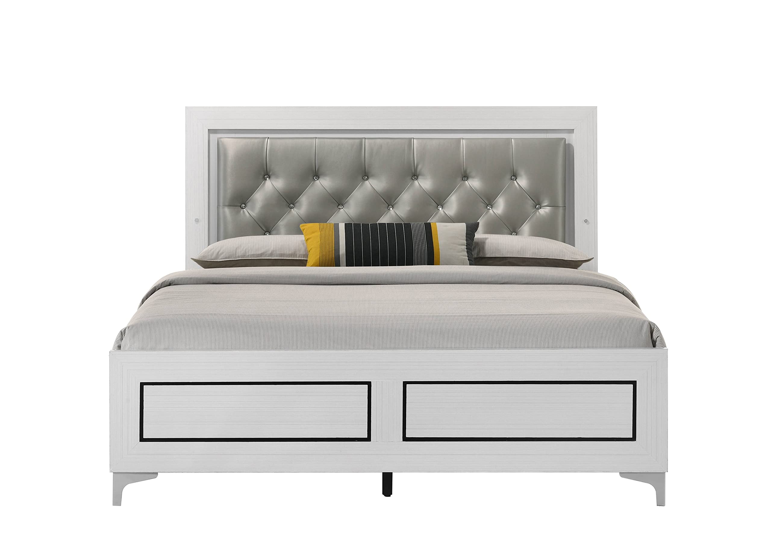 Acme Casilda Faux Leather Tufted Eastern King Bed with LED in Gray and White