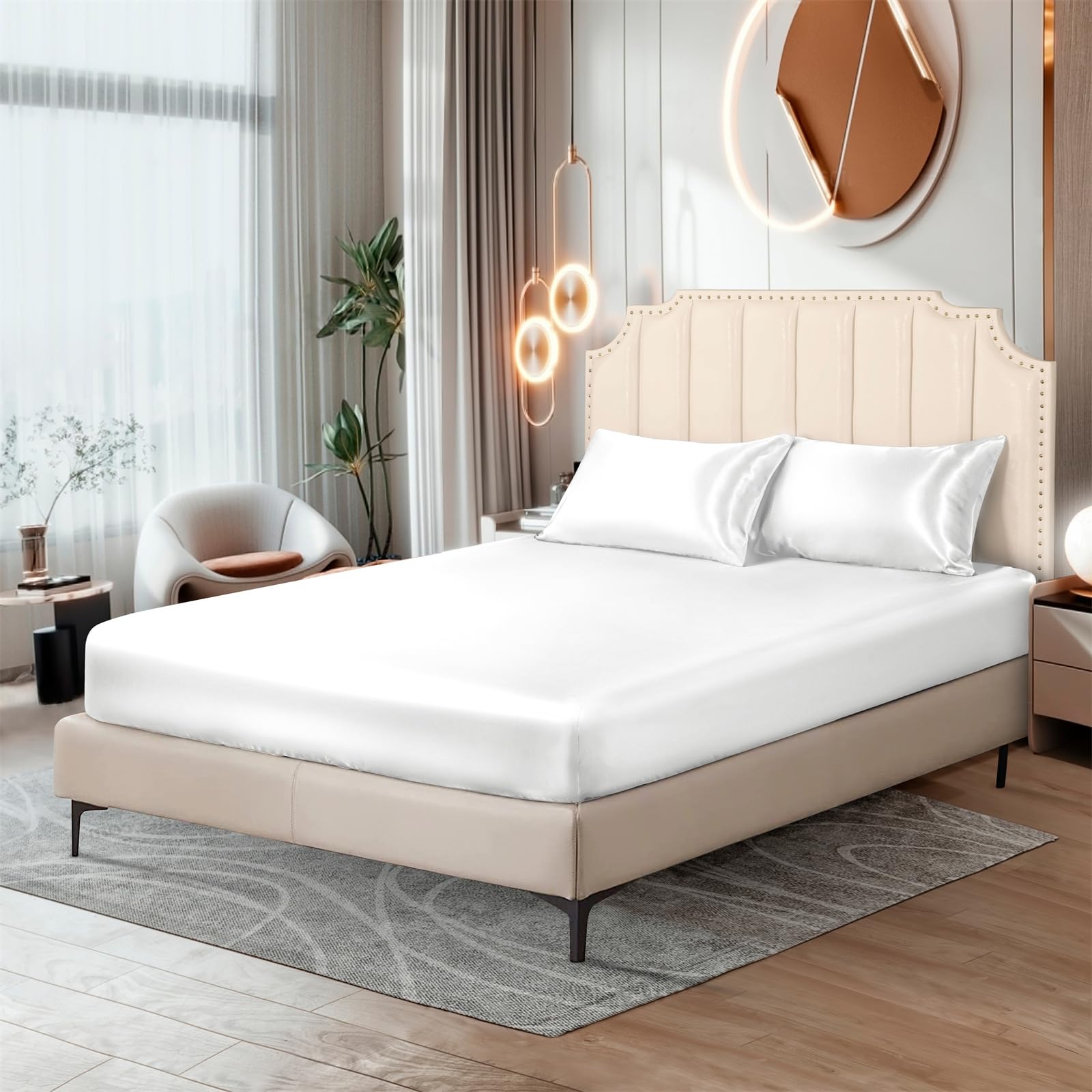 Ersmak Silk Satin Fitted Sheet, Soft Deep Pocket Bottom Luxury Queen Fitted Sheet, Wrinkle Free, Breathable, Fade Resistant - Iv