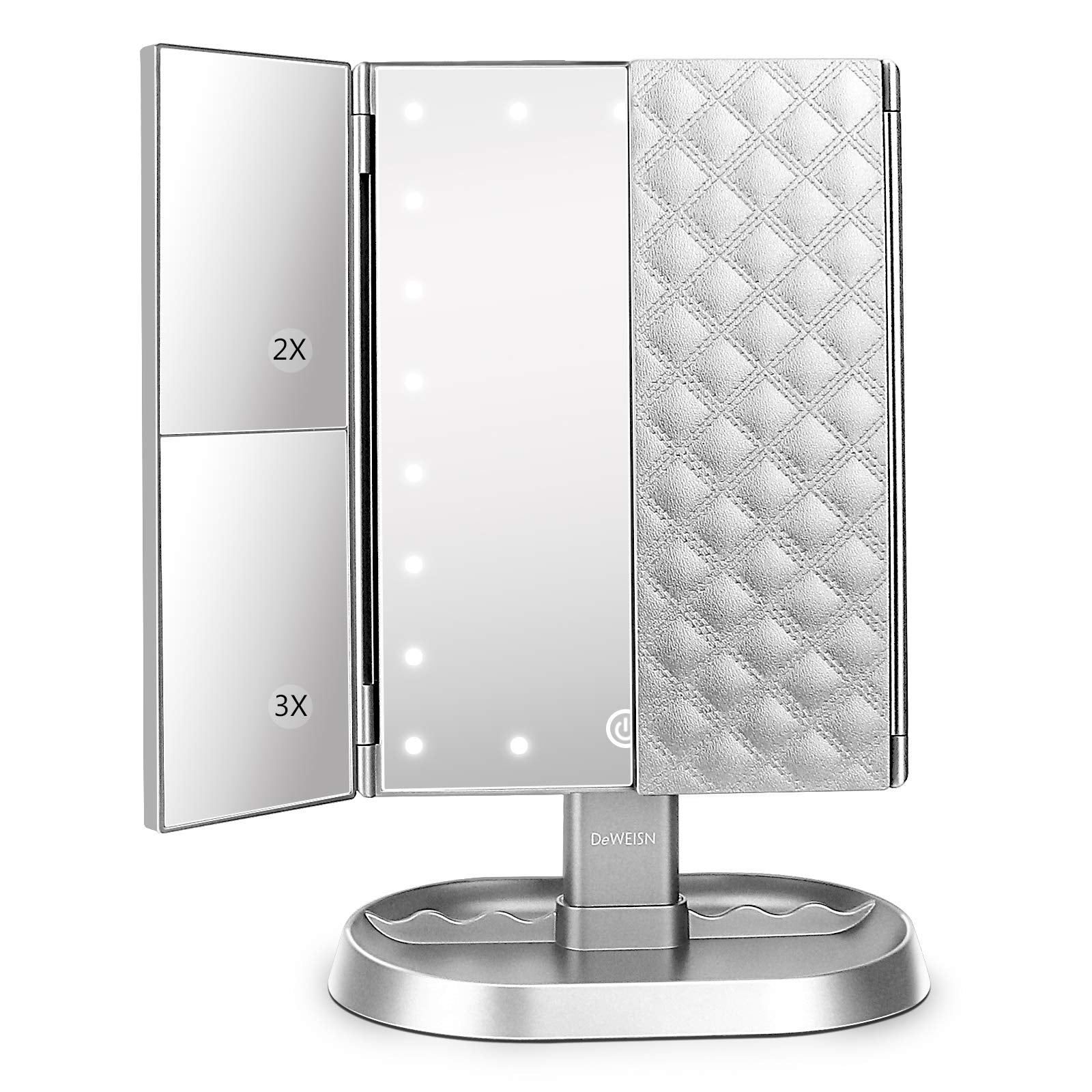 deweisn Trifold Lighted Vanity Makeup Mirror with 21 LED Lights,1/2/3 Magnification and Dimming,Two Power Supplies Makeup Mirror