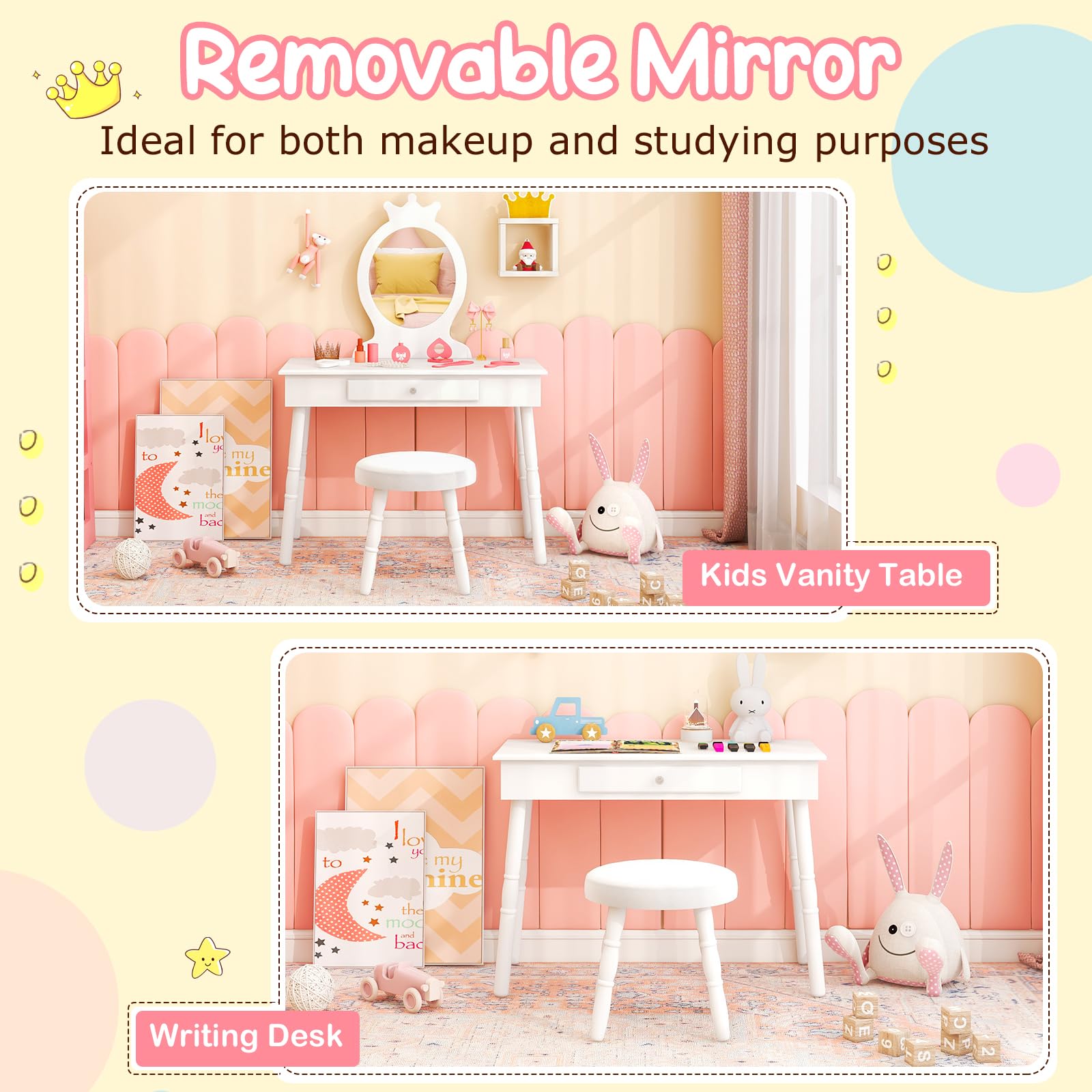 Honey Joy Kids Vanity, Crown Shape Princess Makeup Dressing Table And Chair Set W/Drawer, Cushioned Toddler Vanity Stool, Real Glass Mirror, Wooden Little Girls Vanity Set With Mirror And Stool(White)