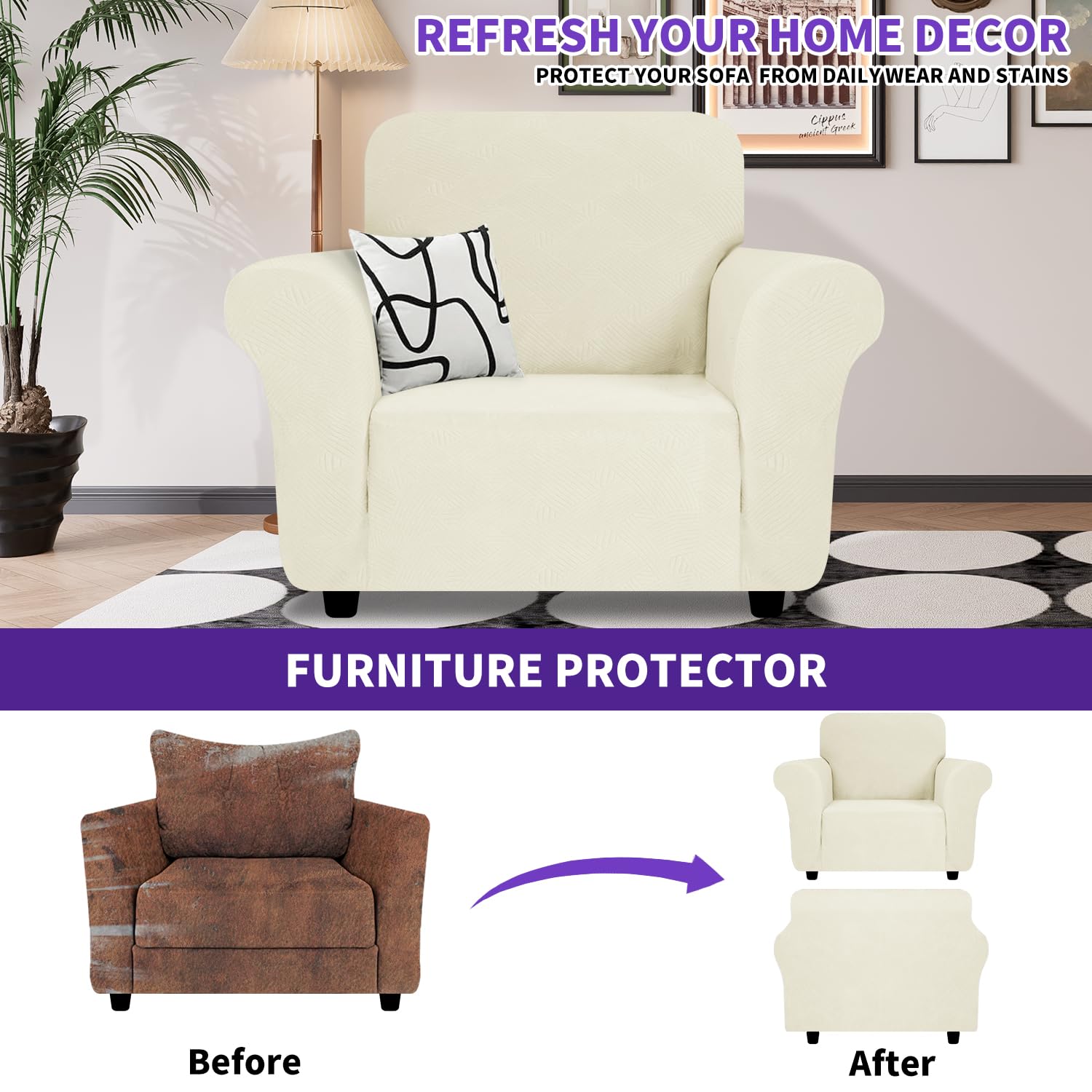 Znsayotx Super Stretch Chair Slipcover (31'-46'), New Striped Sofa Chair Covers For Living Room, Dogs Pet Friendly Anti-Slip Chair Protector Spandex Armchair Slipcovers (Beige, Chair)