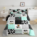 Cute Cow Print Comforter Set Twin Size Kawaii Highland Cow Bedding Set Bedroom Decor Honeycomb Plaid Pattern Geometric Stripes D