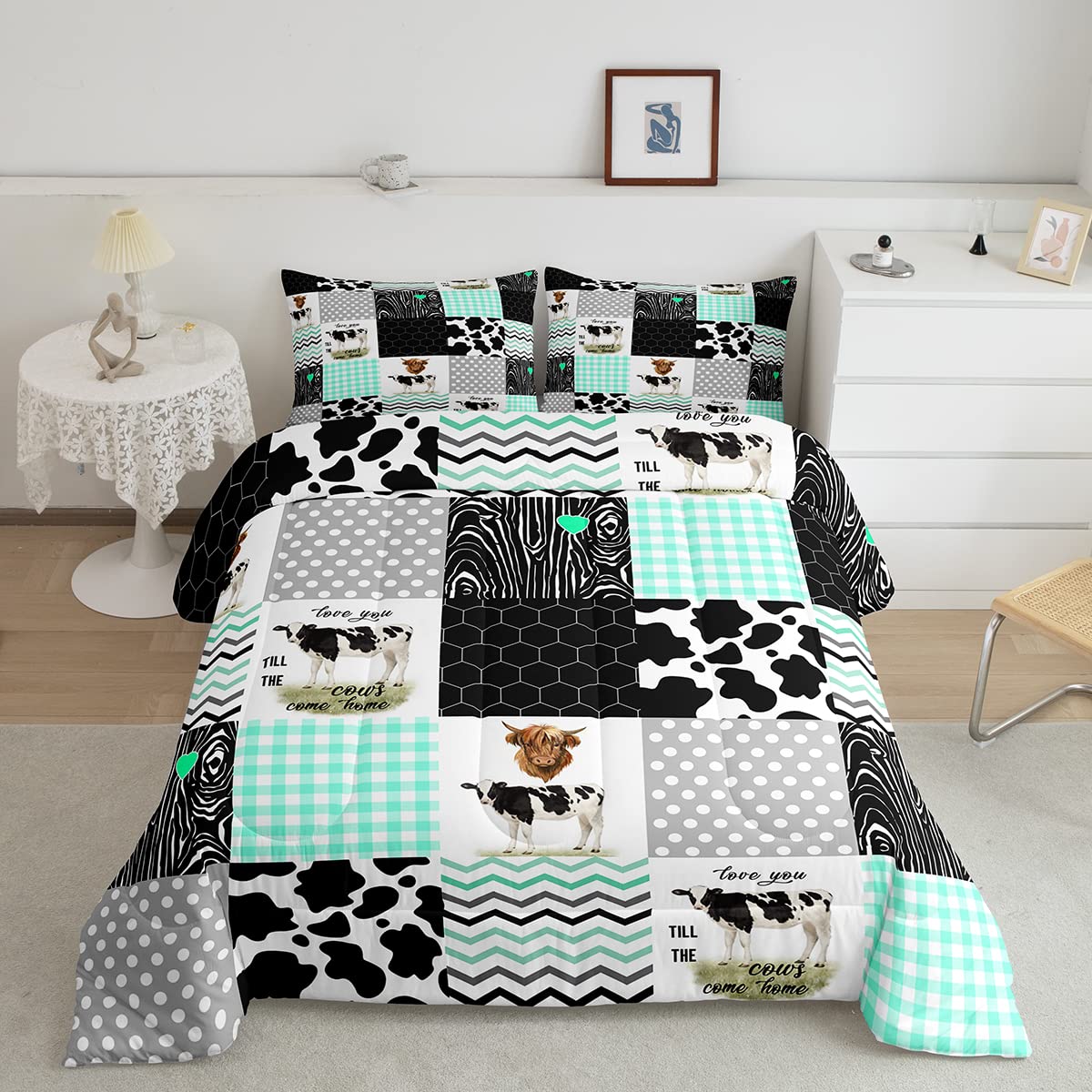 Cute Cow Print Comforter Set Twin Size Kawaii Highland Cow Bedding Set Bedroom Decor Honeycomb Plaid Pattern Geometric Stripes D