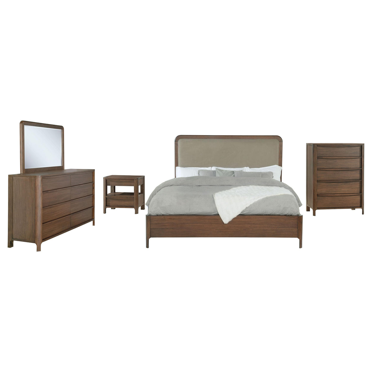 Coaster Home Furnishings Maderia Transitional 5-Piece Bedroom Set Fabric Upholstered Eastern King Size Panel Bed Frame 57-inch Headboard Walnut 223321KE-S5