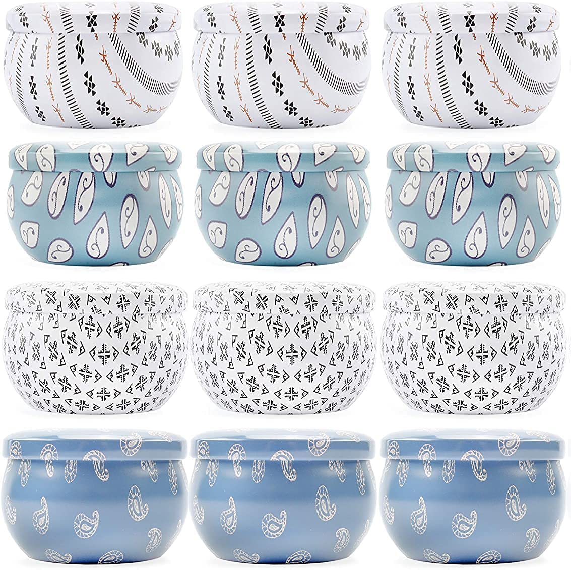 Darware Boho Metal Candle Tins (12 pack, 4 Designs); 2oz European Style Containers for Storage, Parties, Weddings, Jewelry, Cand