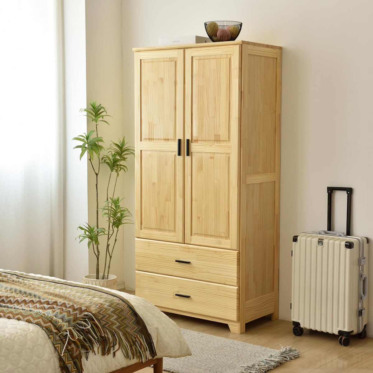 Better Home Products Stylish Pine Wood Closet With Raised Doors And Two Drawers For Easy Access (Natural)