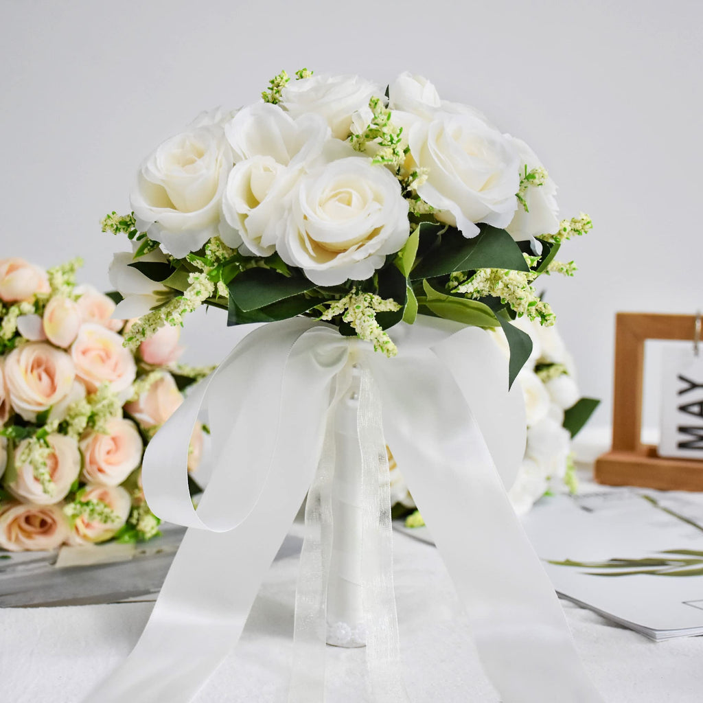 Febou Wedding Bouquets For Bride Bridesmaid Bouquet Ivory Bridal Bouquet Artificial Roses For Wedding Church Home Decoration (Iv