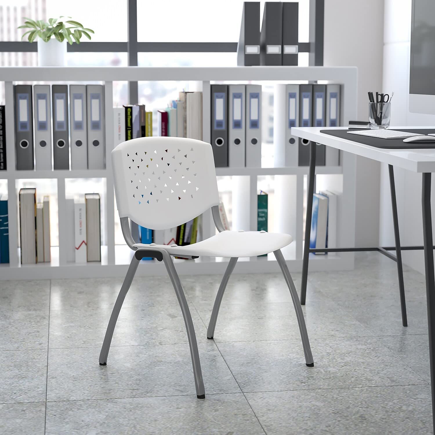 Flash Furniture Hercules Series 880 Lb. Capacity White Plastic Stack Chair With Titanium Gray Powder Coated Frame