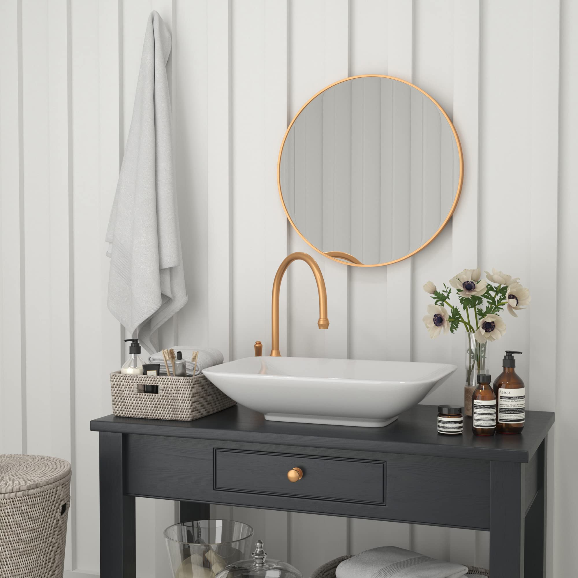 Flash Furniture Julianne Large Round Wall Mirror - Gold Circle Accent Mirror - 24&quot; Vanity Mirror - For Bathroom, Vanity, Entryway, Dining Room, & Living Room