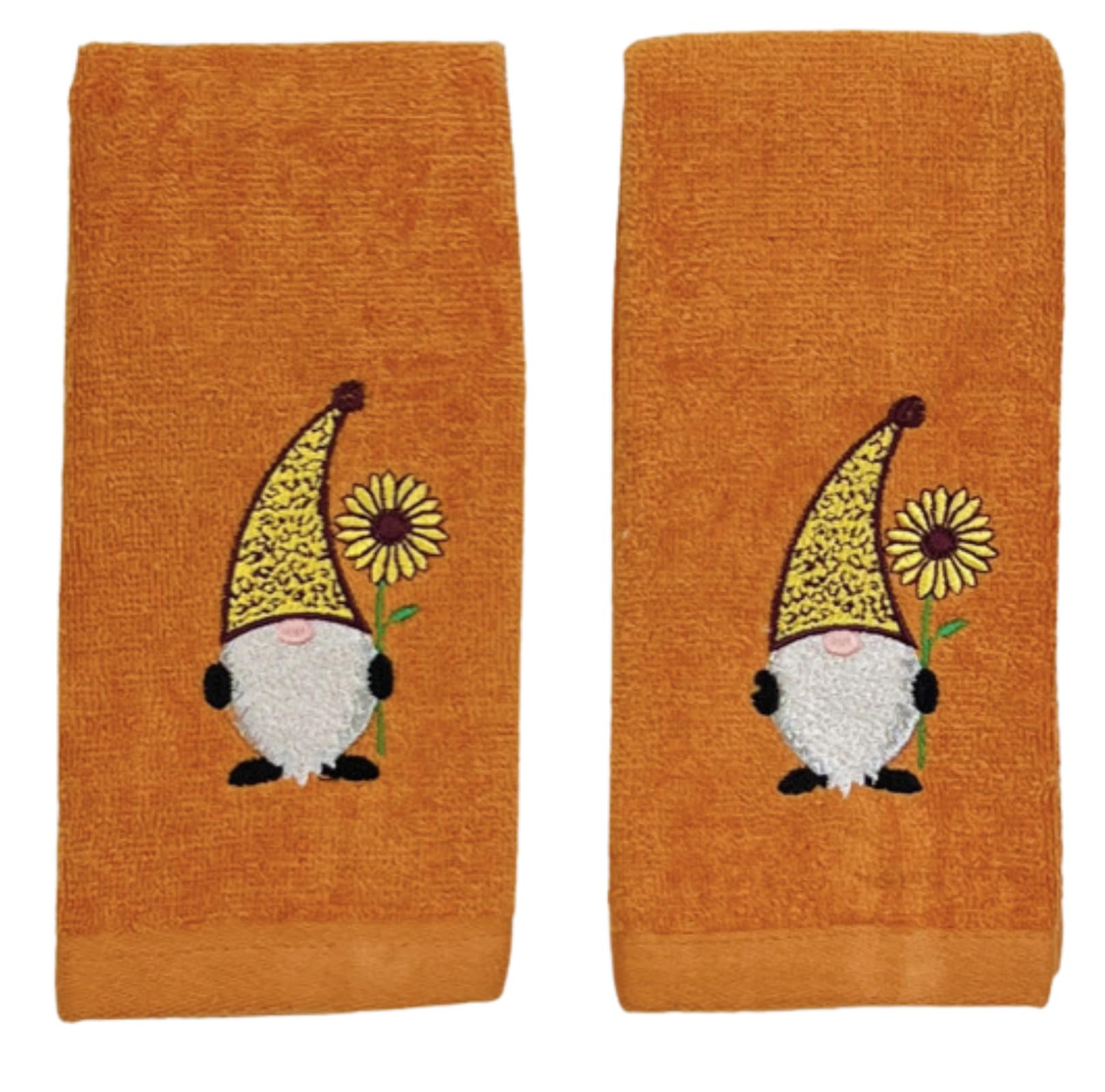 Decorative Fall Harvest Hand Fingertip Towels: Cute Garden Gnome with Sunflower on Plush Soft Cotton Orange, Set of 2 18 x 12