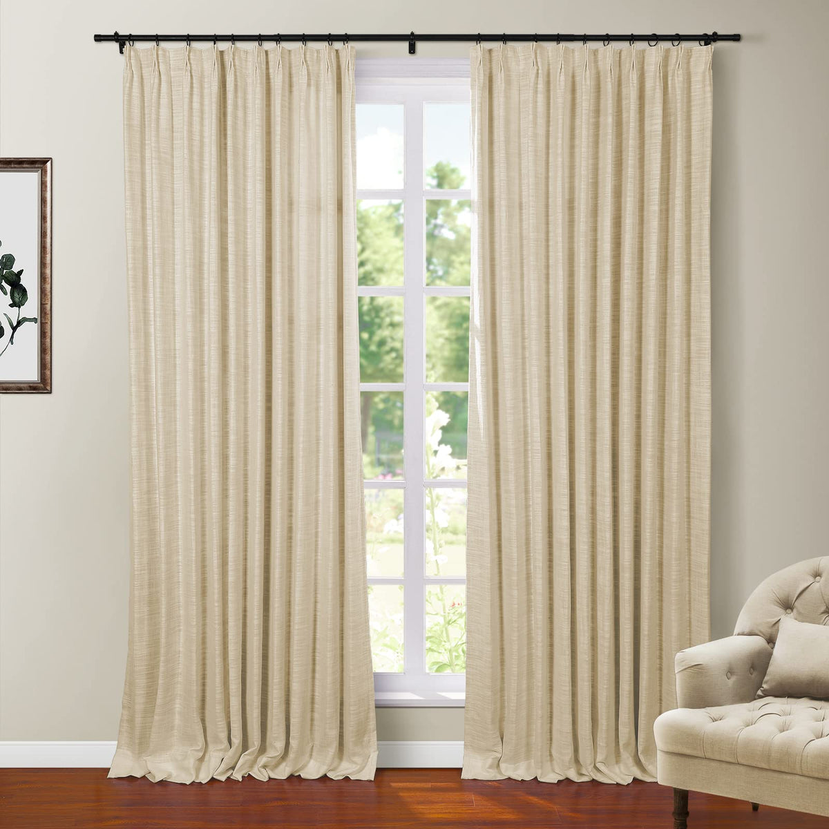 Twopages Beige Faux Linen Blackout Curtain Thermal Insulated Drape With Pinch Pleat And Back Tab Textured Privacy Protection Ene