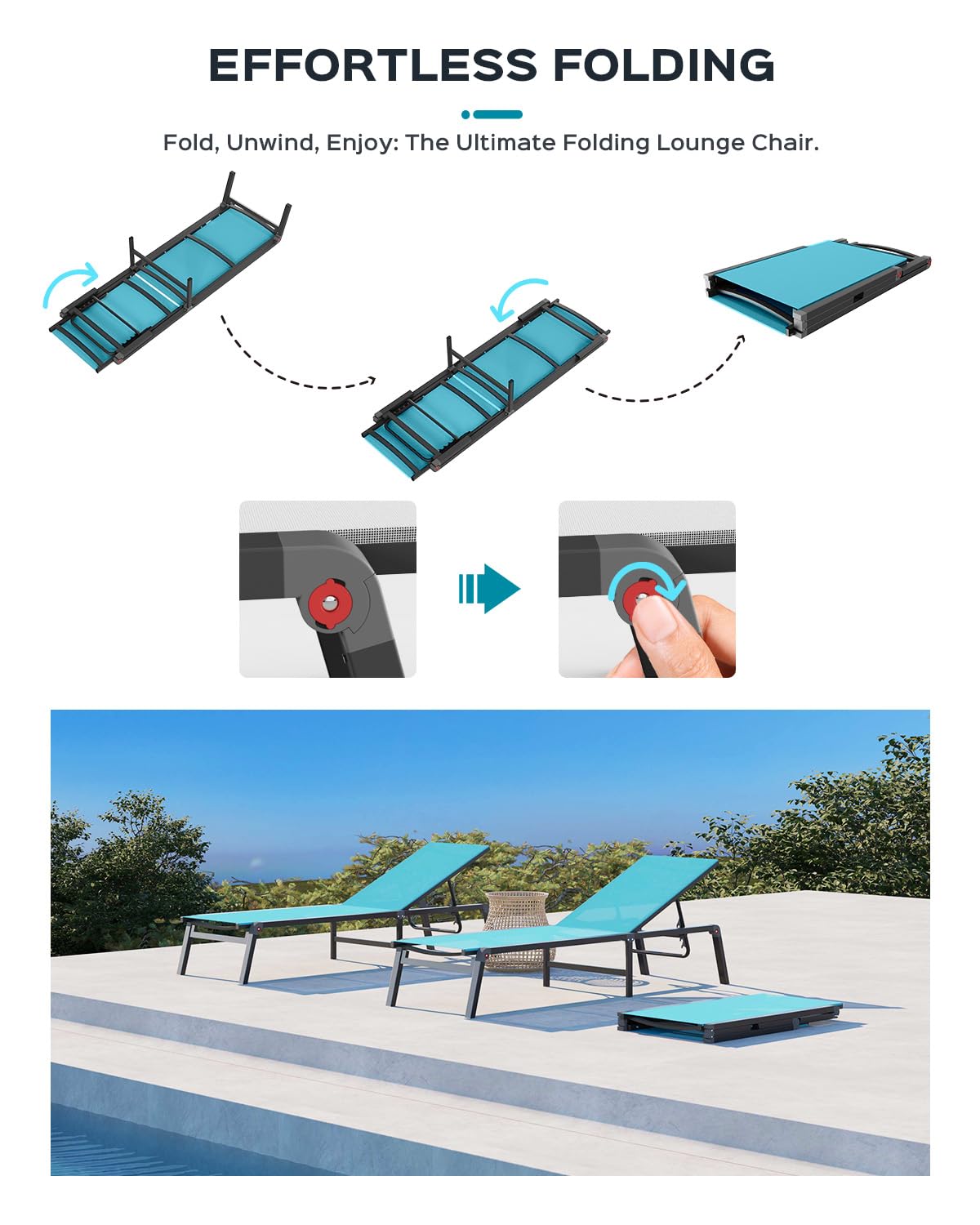 Aluminum Chaise Lounge Ourdoor - Foldable & Assemble Free Outdoor Lounge Chair With 5 Adjustable Backrest, Patio Lounge Chair For Outside Poolside Beach Pool, Lake Blue