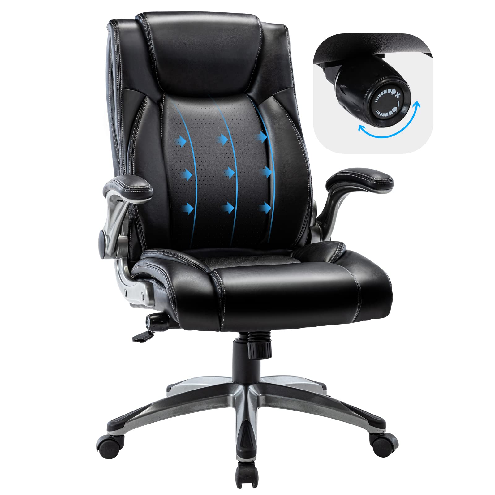 COLAMY Executive Office Ergonomic Chair with Thick Bonded Leather, Flip-up Armrests, High Back Adjustable Height and Tilt for Wo