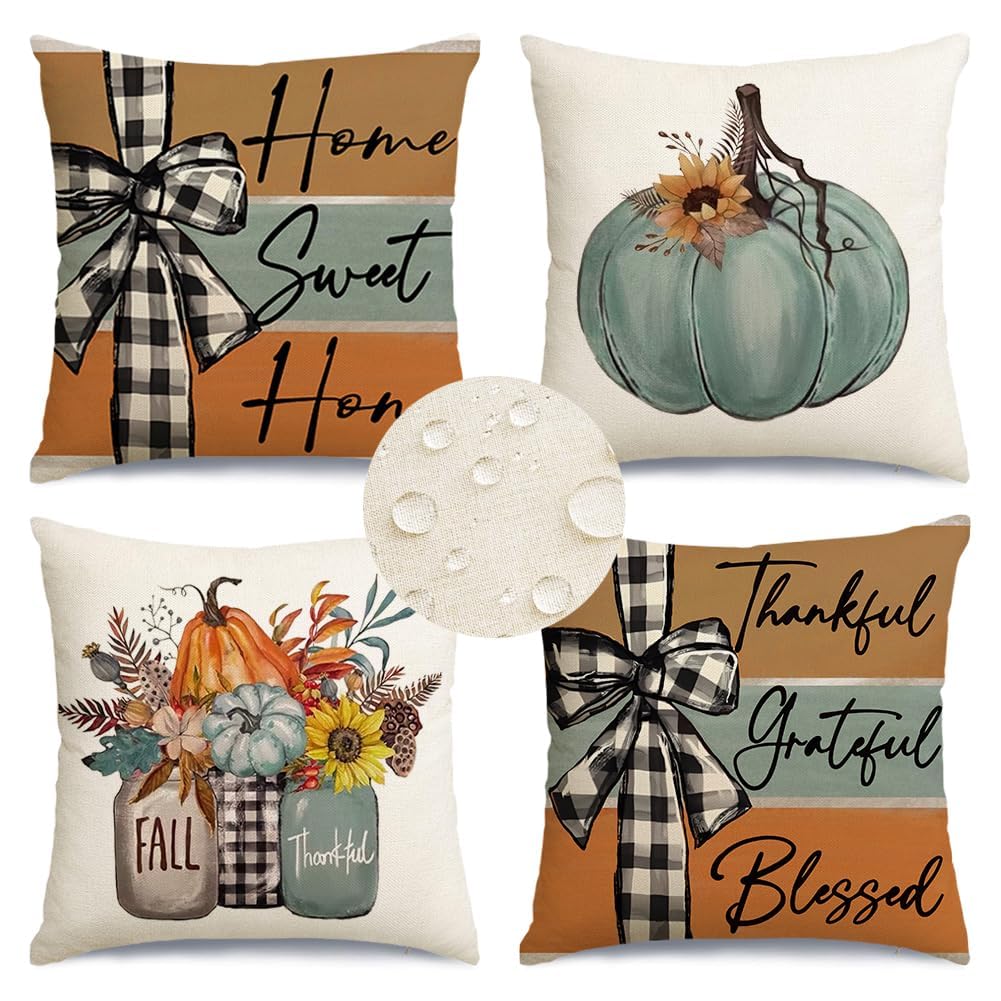 Rabusofa Fall Outdoor Pillows Waterproof 18X18 Inch Set Of 4 Thanksgiving Decorations For Autumn Home Sweet Home Thankful Gratef