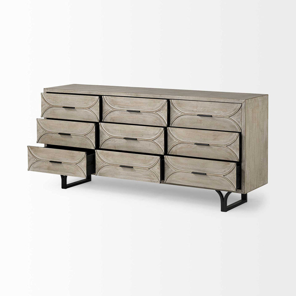 HomeRoots Light Brown, Black Wood, Metal Light Brown and White Solid Mango Wood Finish Sideboard with 9 Drawers