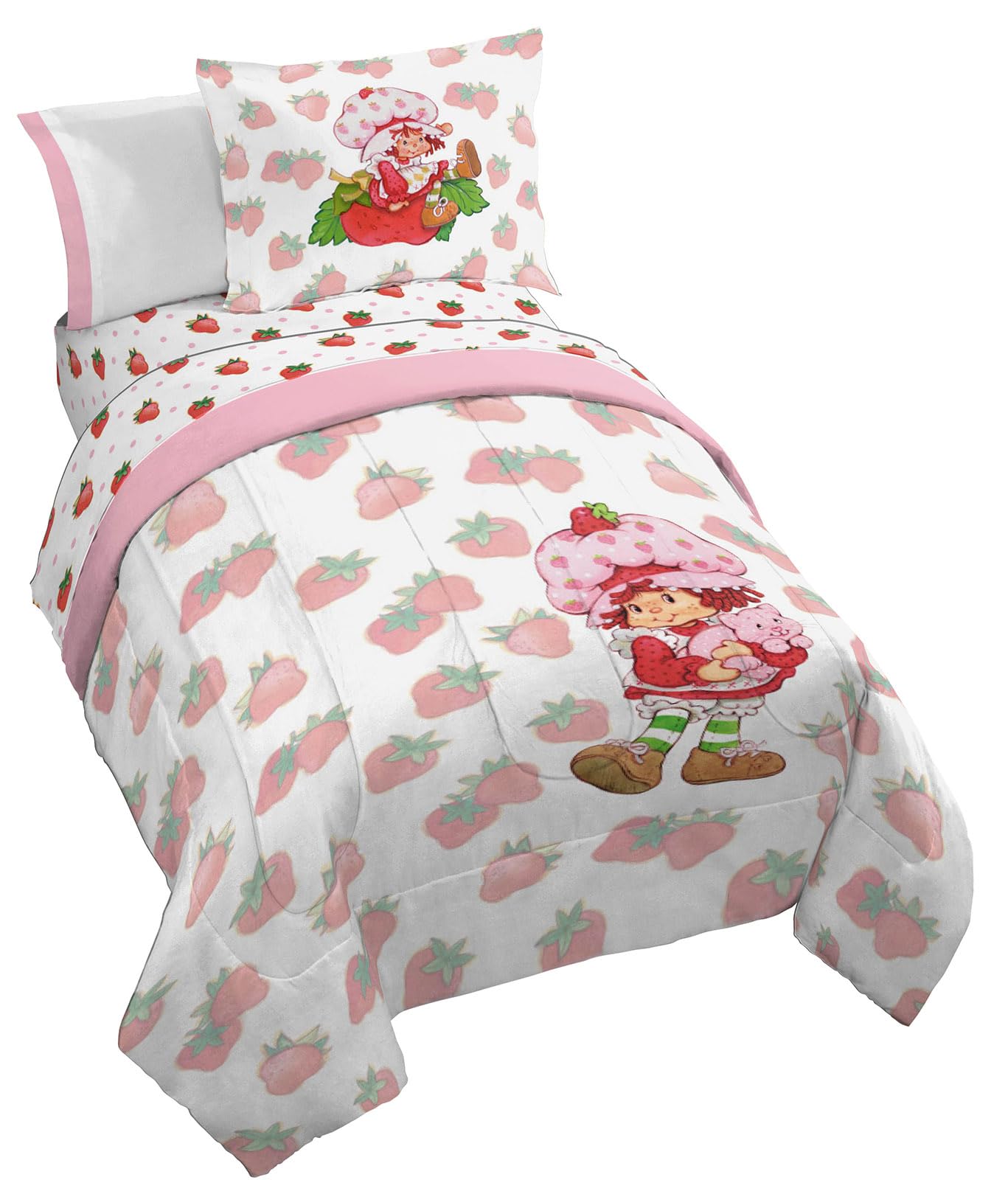 Jay Franco Strawberry Shortcake Full Comforter Set - 7 Piece Bedding Includes Sheet Set & Pillow Covers - Super Soft Pink & Whit
