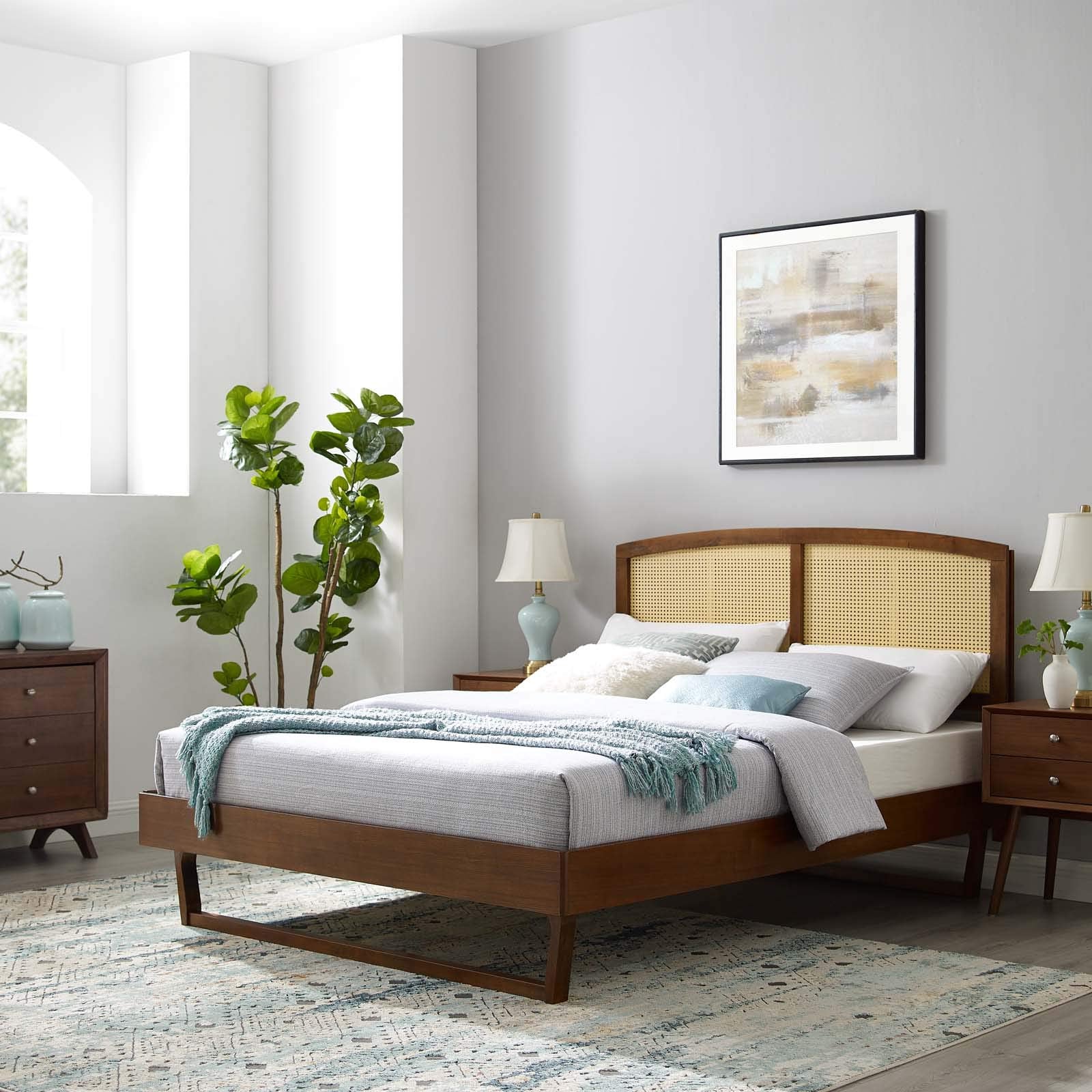 Modway Sierra Cane And Wood Queen Platform Bed With Angular Legs In Walnut
