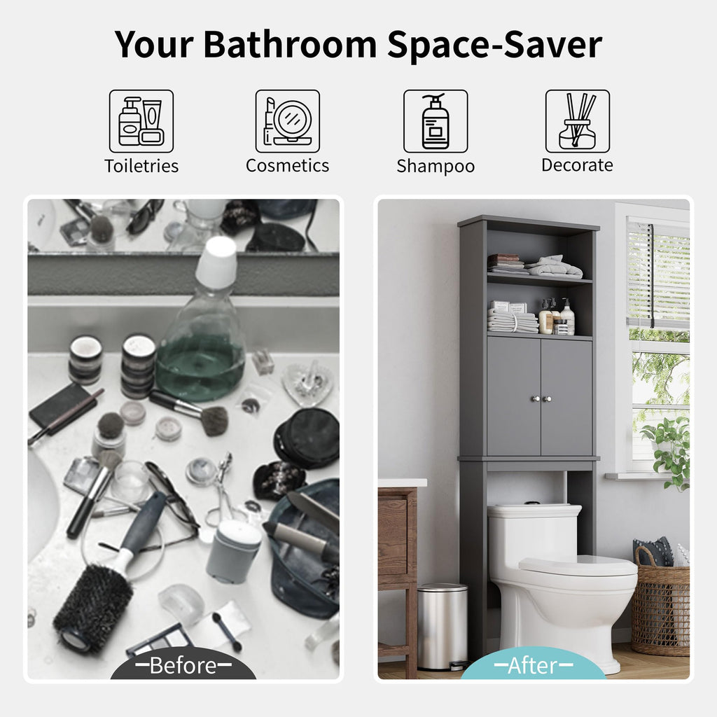 Shintenchi Over The Toilet Storage Cabinet, Bathroom Above The Toilet Rack, Bathroom Adjustable Shelf Organizer With Open Bottom Bar And Anti-Tip Device, Gray