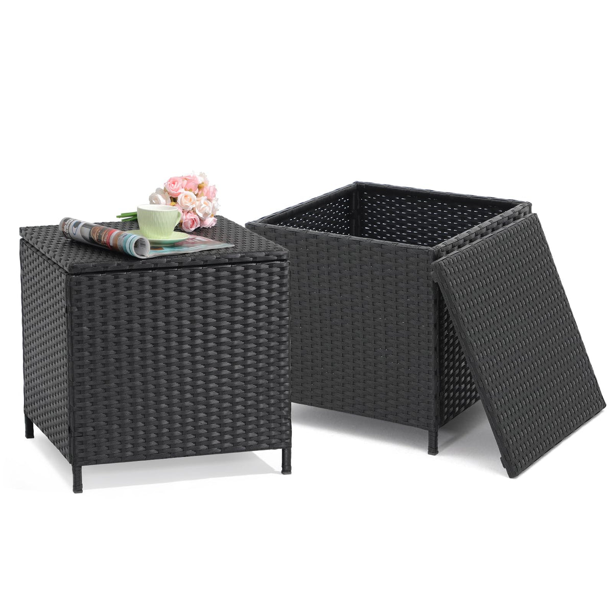 Verano Garden Outdoor Wicker Side Table Set Of 2, Small Storage Rattan Wicker End Table, Square Resin Coffee Table For Garden Po