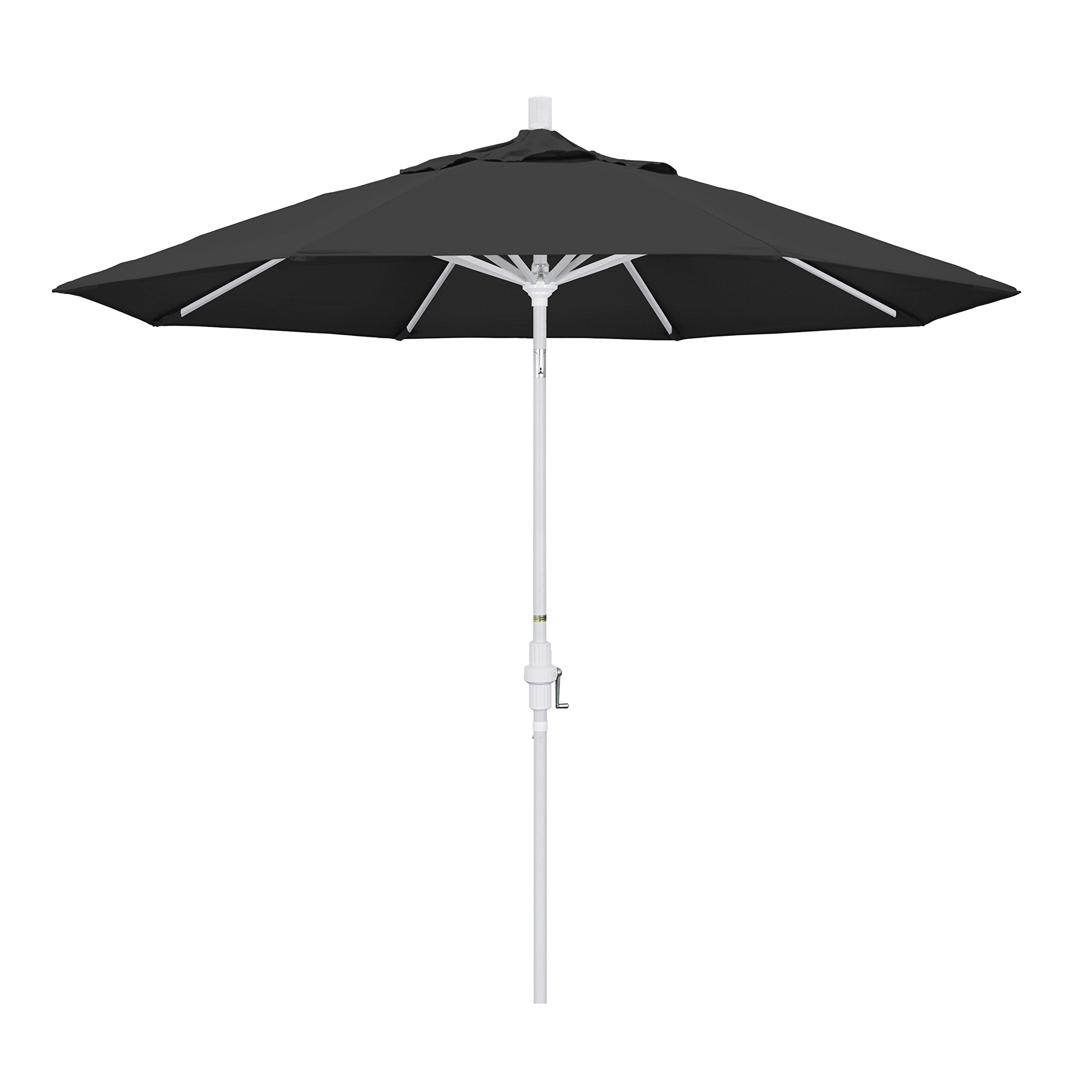 California Umbrella 9' Round Aluminum Market Umbrella, Crank Lift, Collar Tilt, White Pole, Pacifica Black
