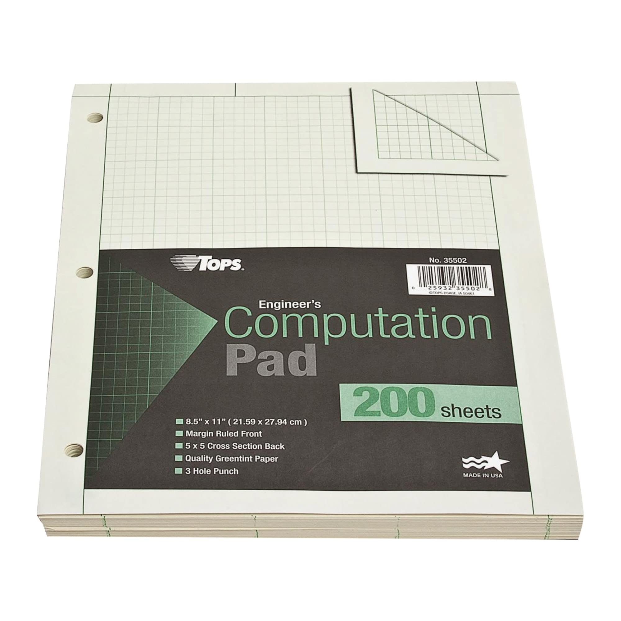 Tops Engineering Computation Pad, 8-1/2' X 11', Glue Top, 5 X 5 Graph Rule On Back, Green Tint Paper, 3-Hole Punched, 200 Shee