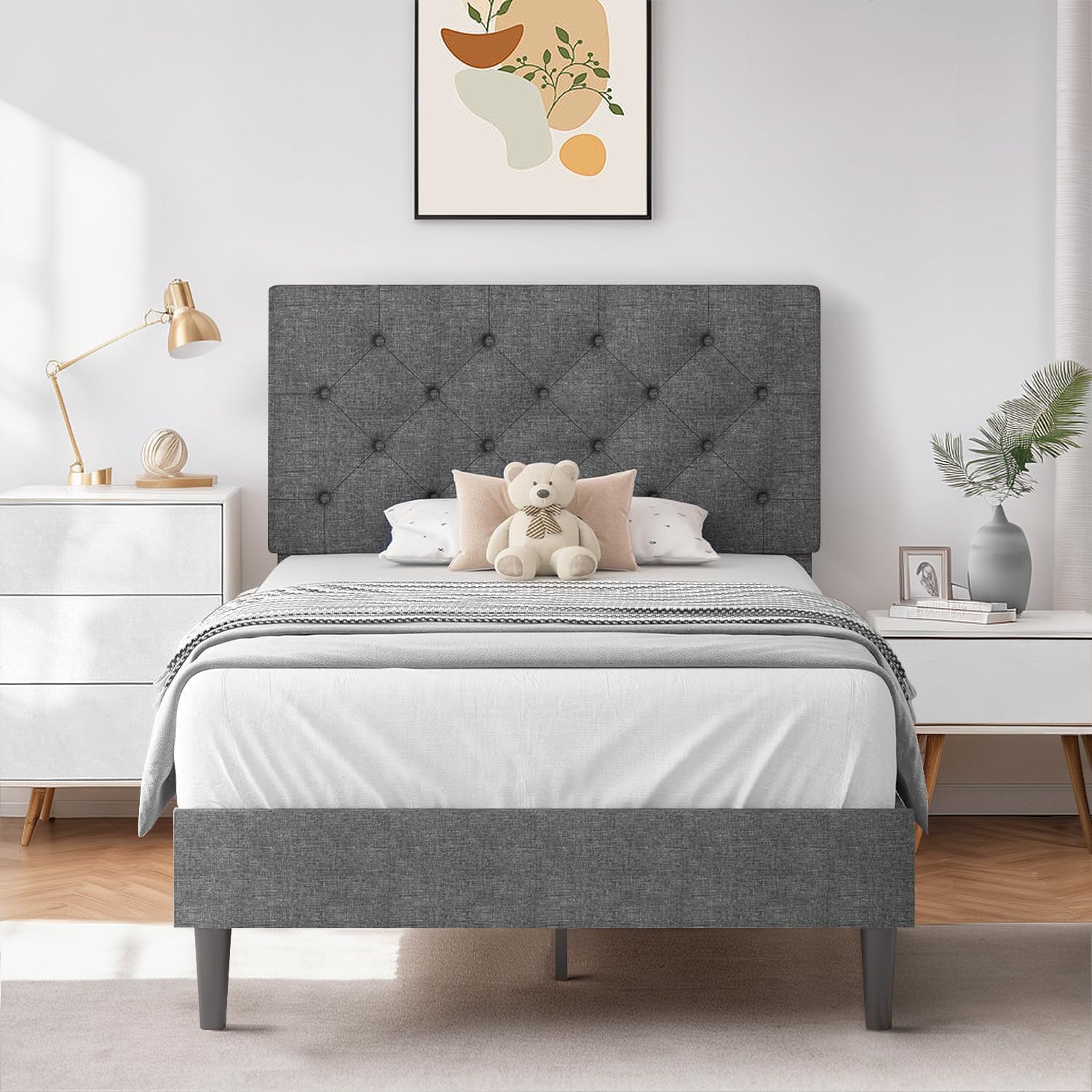 Hombck Twin Size Bed Frame, Gray Linen Fabric Upholstered Bed Frame With Headboard, Twin Bed Frame For Kids, Wood Slats, Button Tufted, No Box Spring Needed, Light Grey
