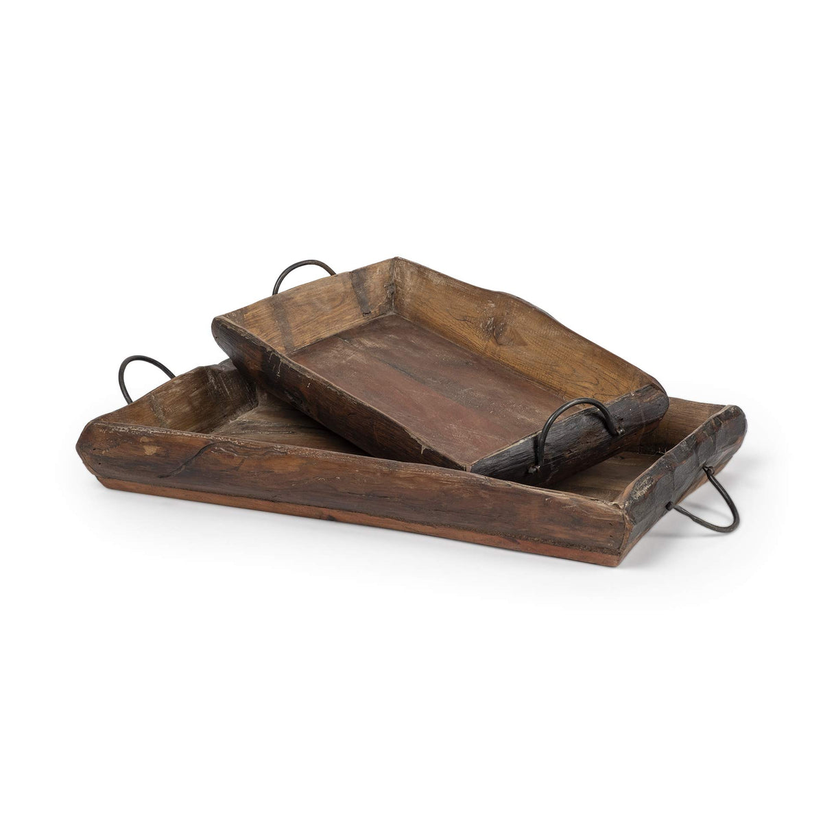 HomeRoots S/2 Medium Brown Recycled Wood with Flaunt Metal Handles Trays