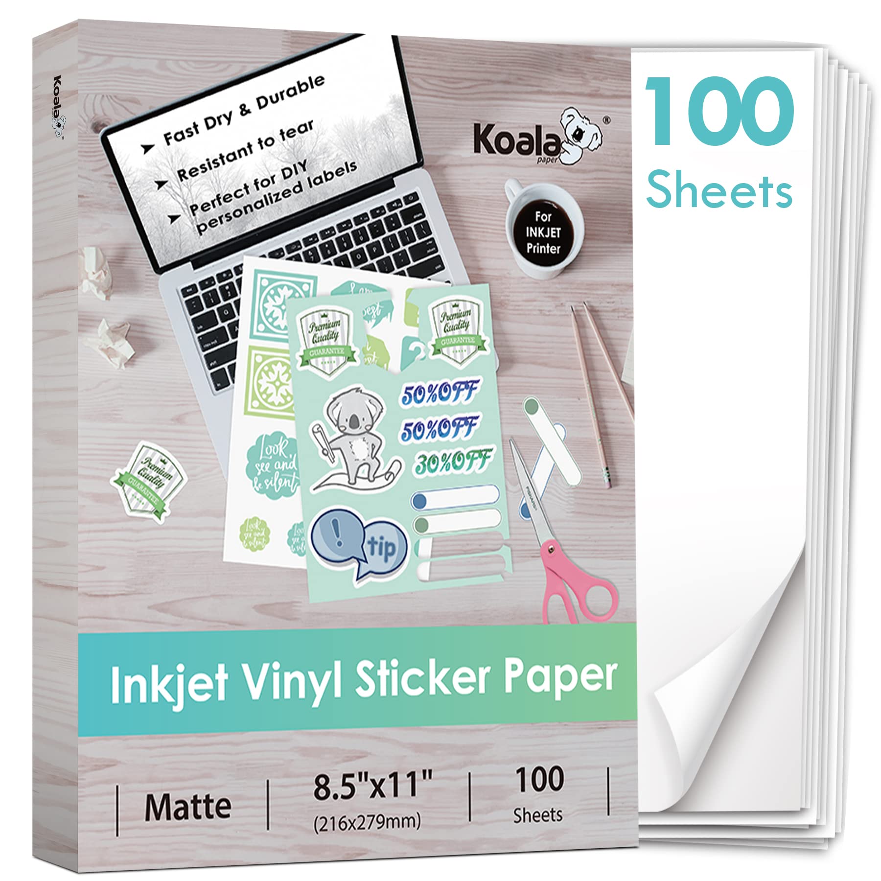 Koala Printable Vinyl Sticker Paper For Inkjet Printer - 100 Sheets Sticker Printer Paper Matte White, Waterproof Sticker Paper