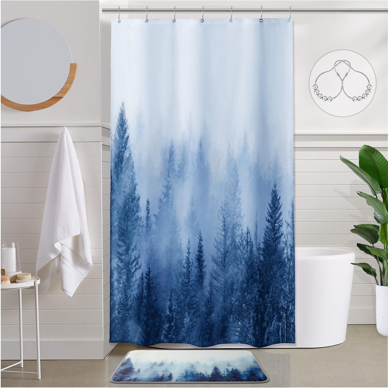ORTIGIA 36x72 Misty Forest Stall Shower Curtain for Small Bathroom, Blue Half Size Narrow Nature Woodland Shower Curtain Set wit