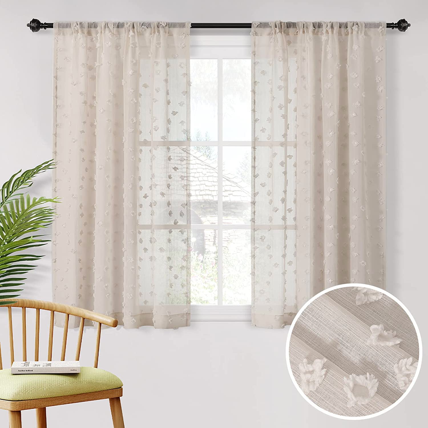 Mysky Home Pom Pom Wood Beige Sheer Curtains For Bedroom Light Filtering Semi-Sheer Curtains For Nursery Girls Kids Room Rod Poc