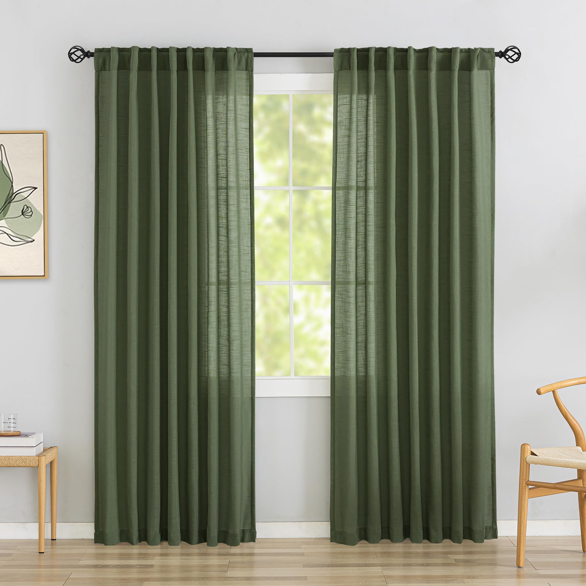 Olive Green Linen Back Tab Curtains 90 Inches Long 2 Panels Set For Dining Cottage- Soft Light Weight Airy Semi Privacy Sheer Curtains Hooks Rod Pocket Light Filtering Neutral Style Curtains Avocado