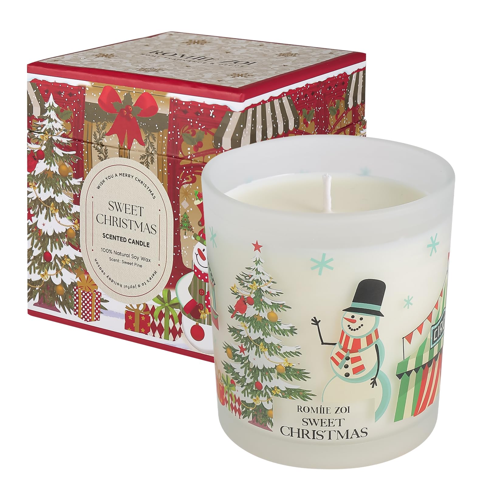 ROMIIE ZOI Christmas Scented Jar Candle - 6oz Soy Wax Candle - Sweet Christmas Infused with Sweet Pine Aroma - with Beautiful Ke