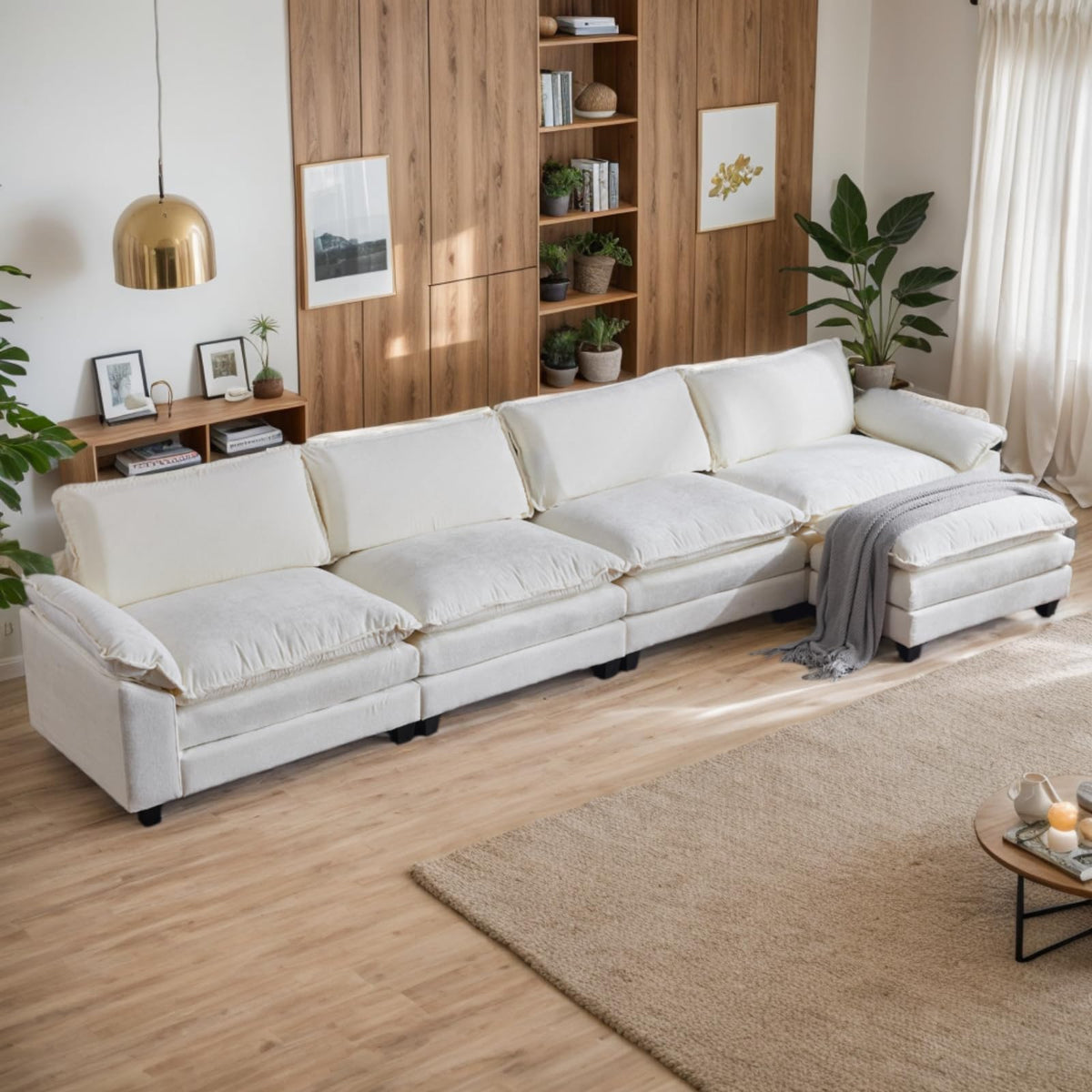 Karl home Sectional Sofa Modular Deep 4-Seat Sofa Couch with Ottoman, Chenille Sofa Sleeper Comfy Upholstered Furniture for Livi