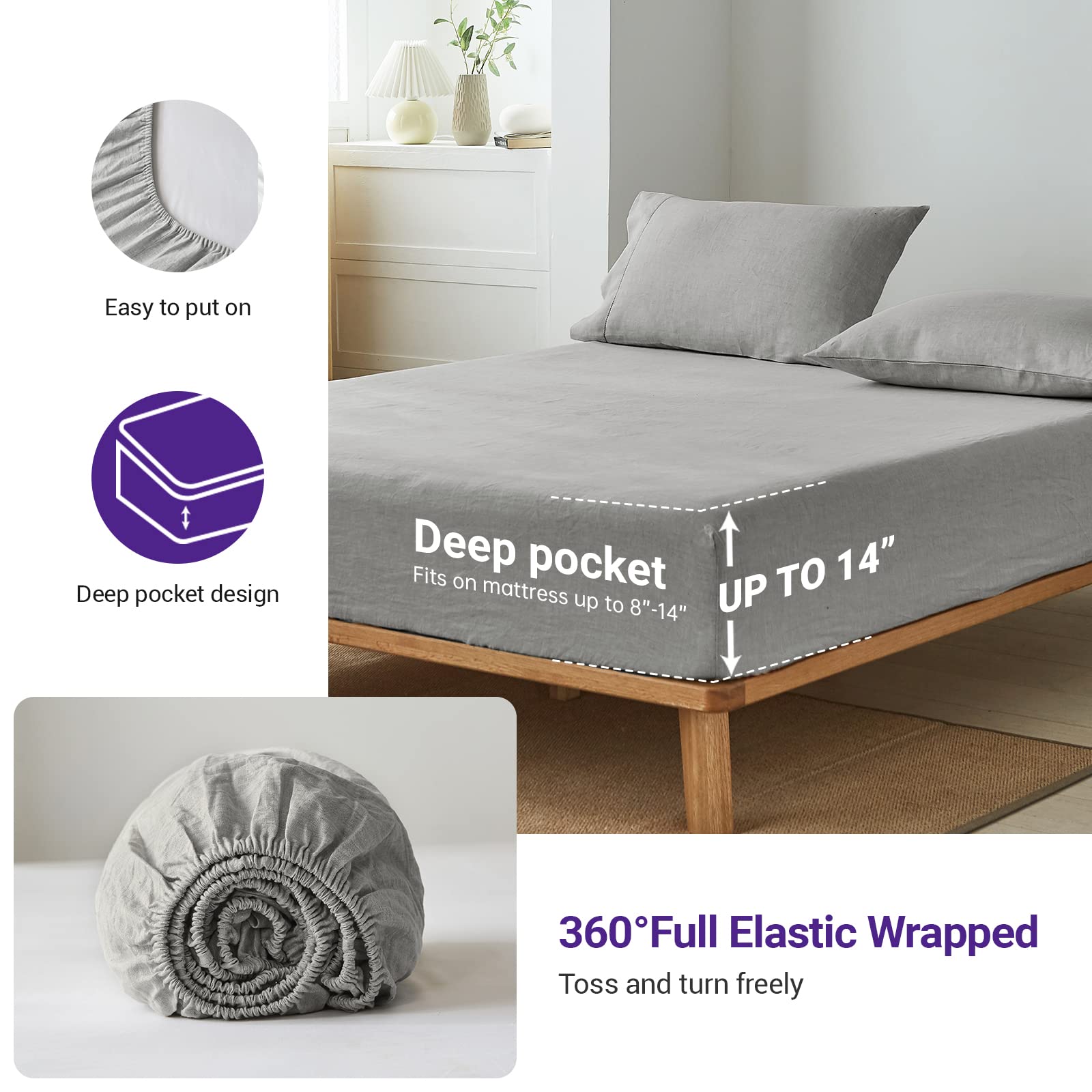 Simple&Opulence 100% Belgian Linen Sheet Set Handmade Hemstitch Light Grey Twin Size Bed Sheet-3 Pieces(1 Flat Sheet+1 Fitted Sh