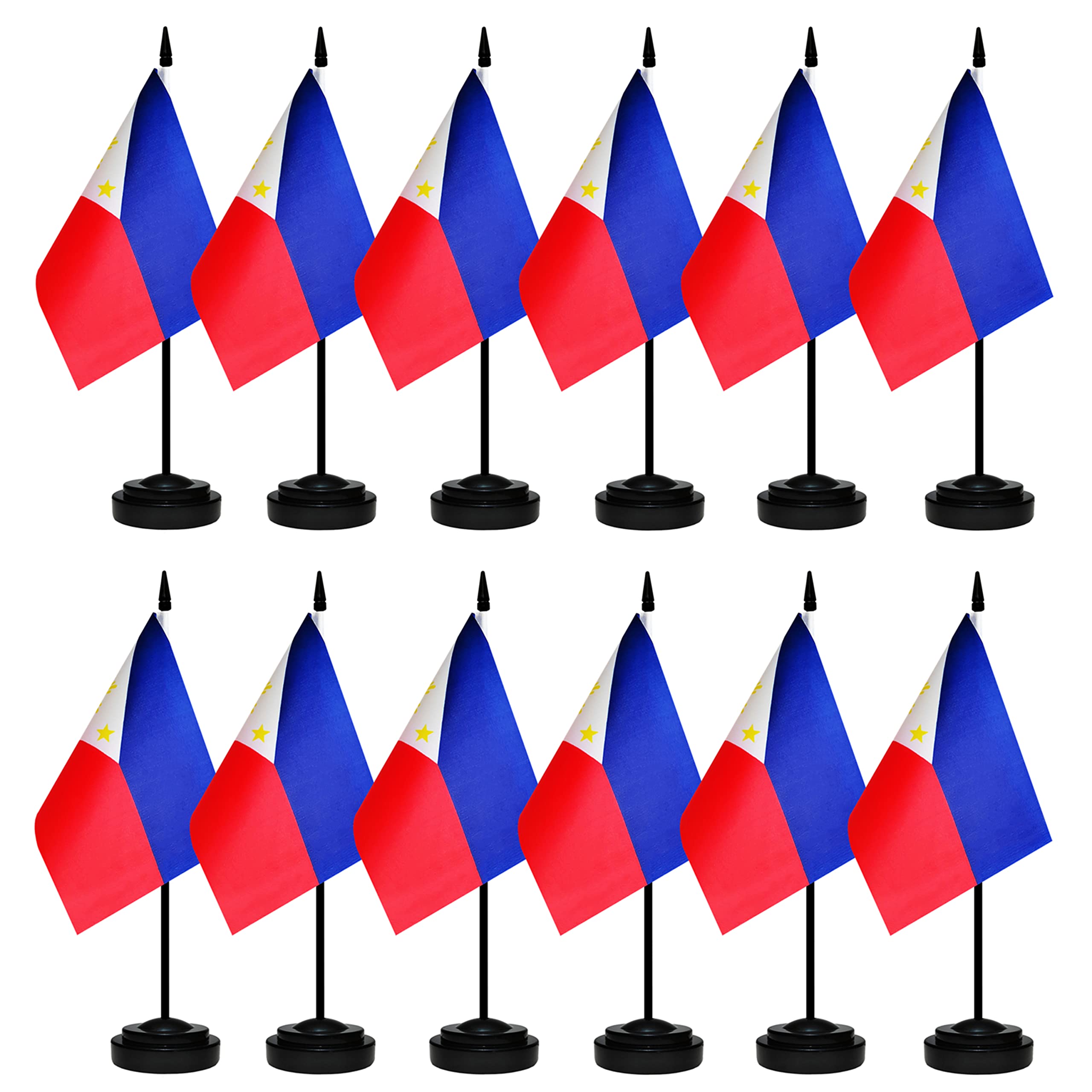 12 Pack Philippine Desk Flags Set, Philippine Small Mini Table Office Flags With 12' Solid Black Pole, 8.2 X 5.5 Inches, Home A