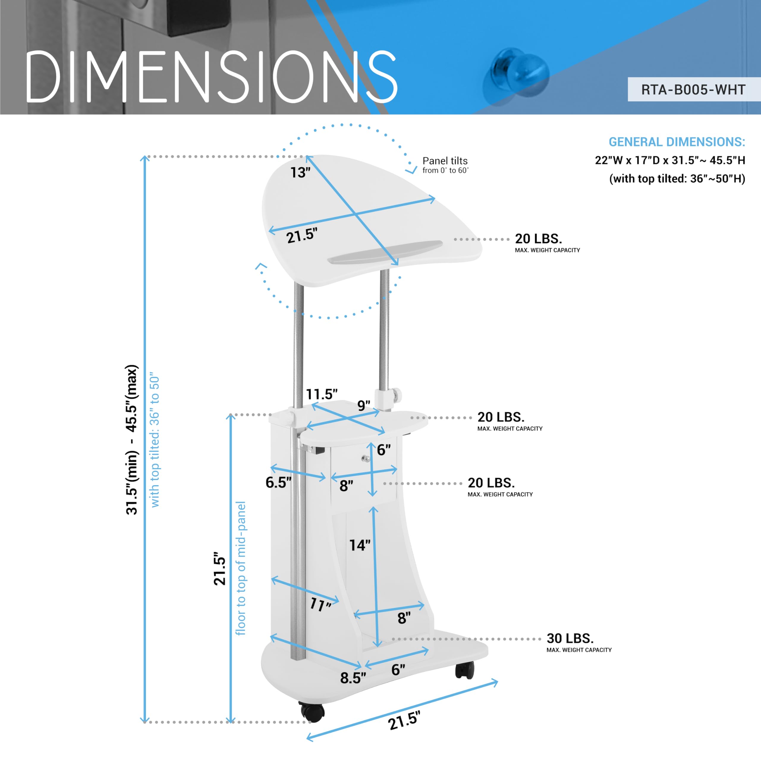 Techni Mobili Adjustable Height Rolling Laptop Cart, Sit to Stand Desk with Storage, White Podium Stand or Medical Cart