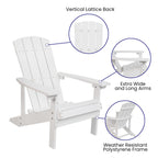 Flash Furniture Charlestown Commercial Grade Indoor/Outdoor Adirondack Chair, Weather Resistant Durable Poly Resin Deck and Patio Seating, White