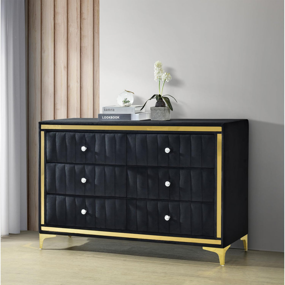 Better Home Products Velvet 6 Drawer Dresser With Gold Legs And Trim ? Fully -Assembled And Ready To Use (No Mirror, Black)