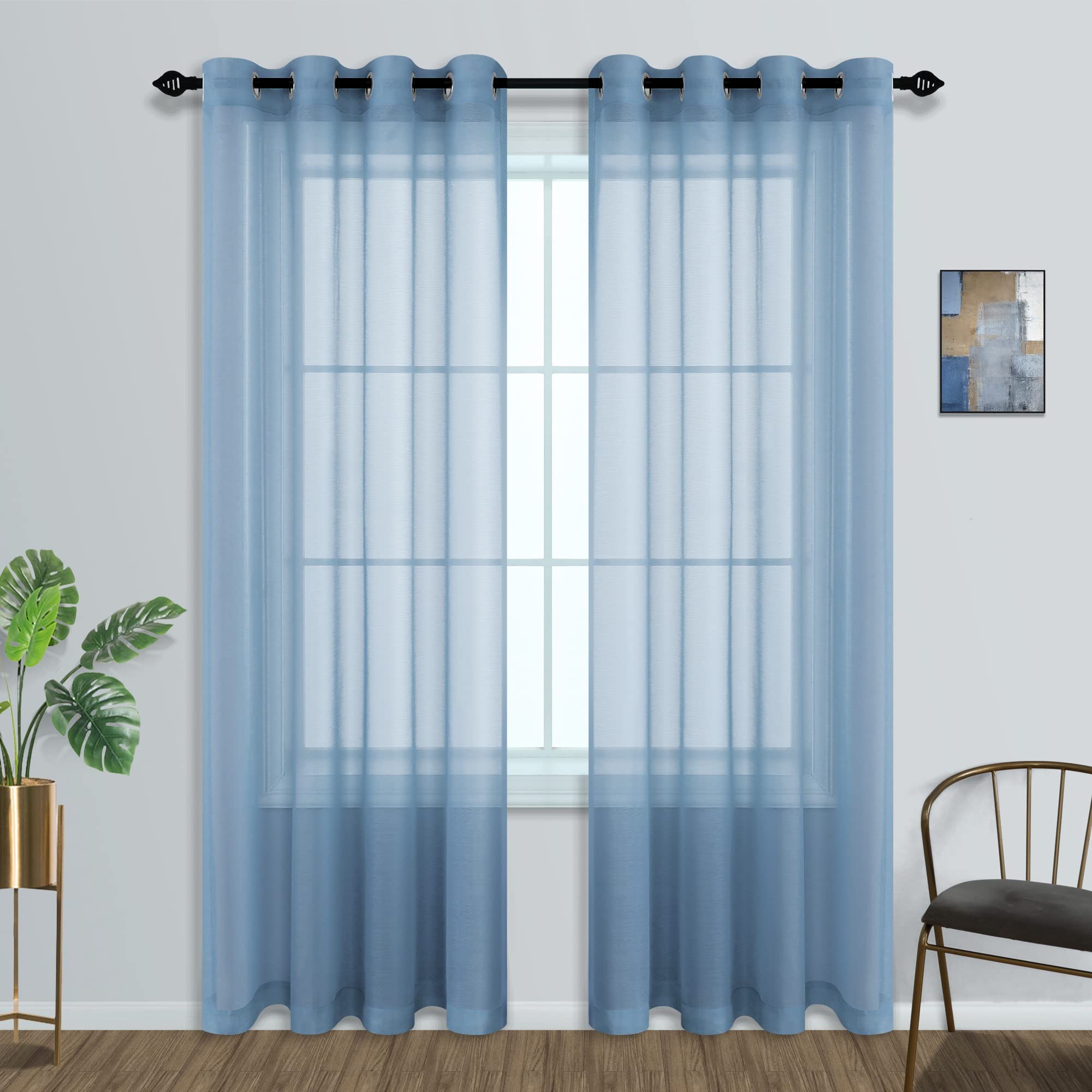 Mrs.Naturall Dusty Blue Sheer Curtains 96 Inches Long For Living Room Set Of 2 Panels Airy See Through Lightweight Grommet Grey