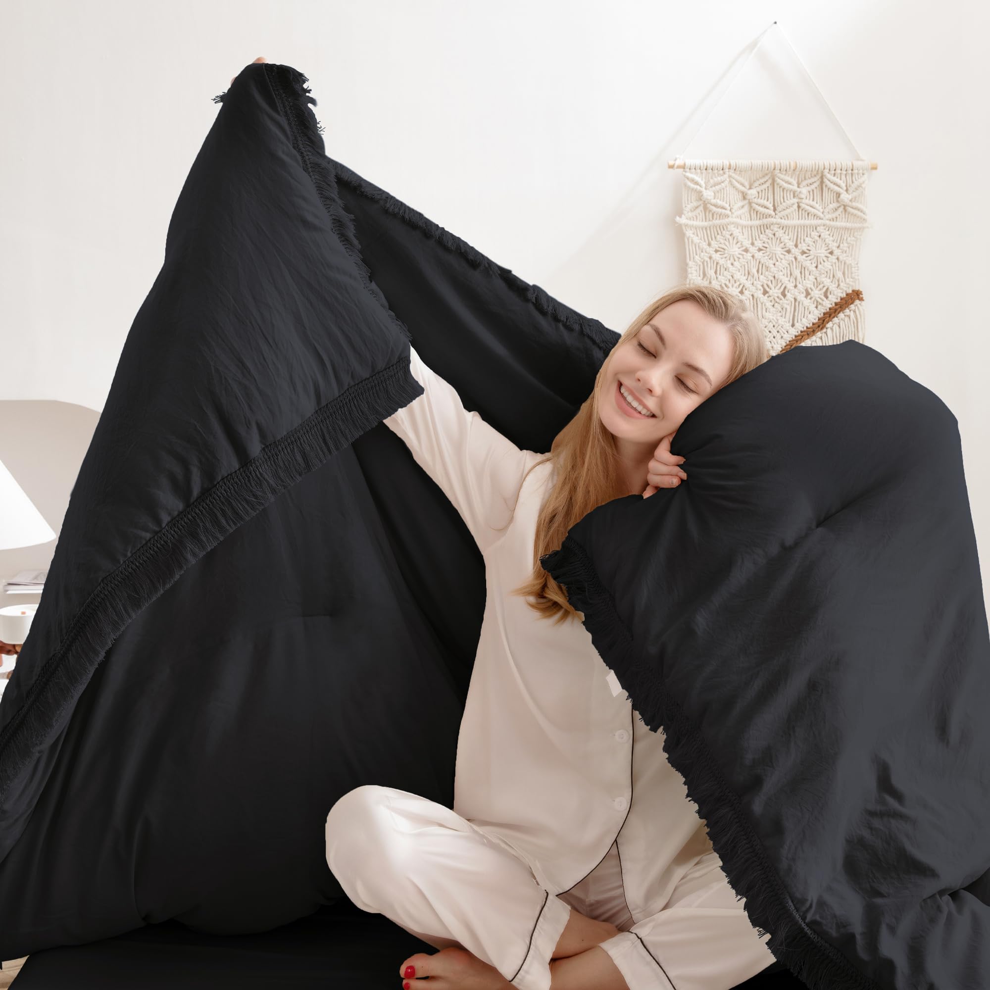 Andency Black Comforter Set Queen, 3 Pieces Boho Tassel Lightweight Bedding Comforter Sets, All Season Soft Fluffy Fringe Bed Set (90X90In Comforter & 2 Pillowcases)