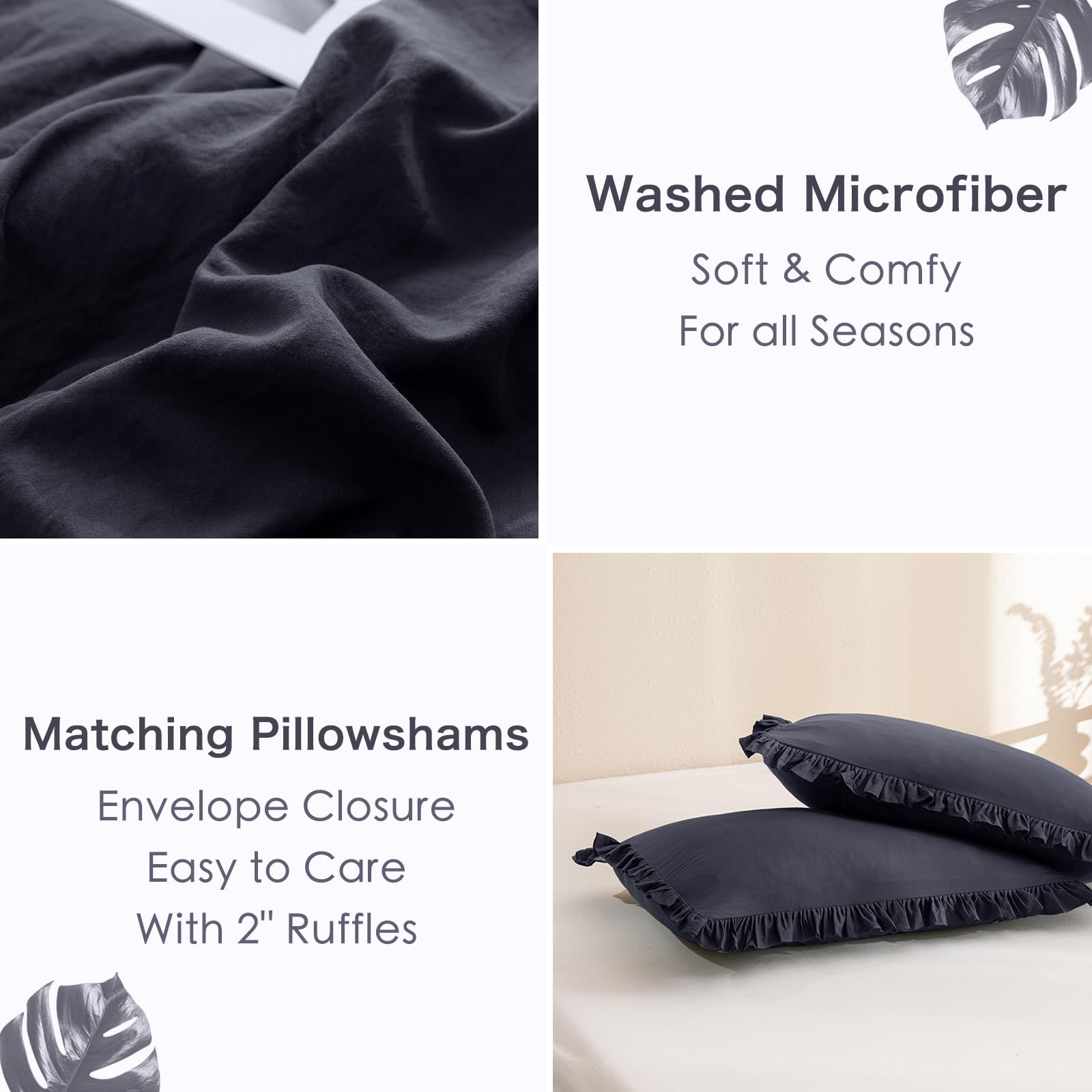 Masaca Shabby Comforter Set Queen,Farmhouse Rustic Microfiber Bedding Ruffled Comforter Set,Vintage Dark Gray Ruffle Comforter F
