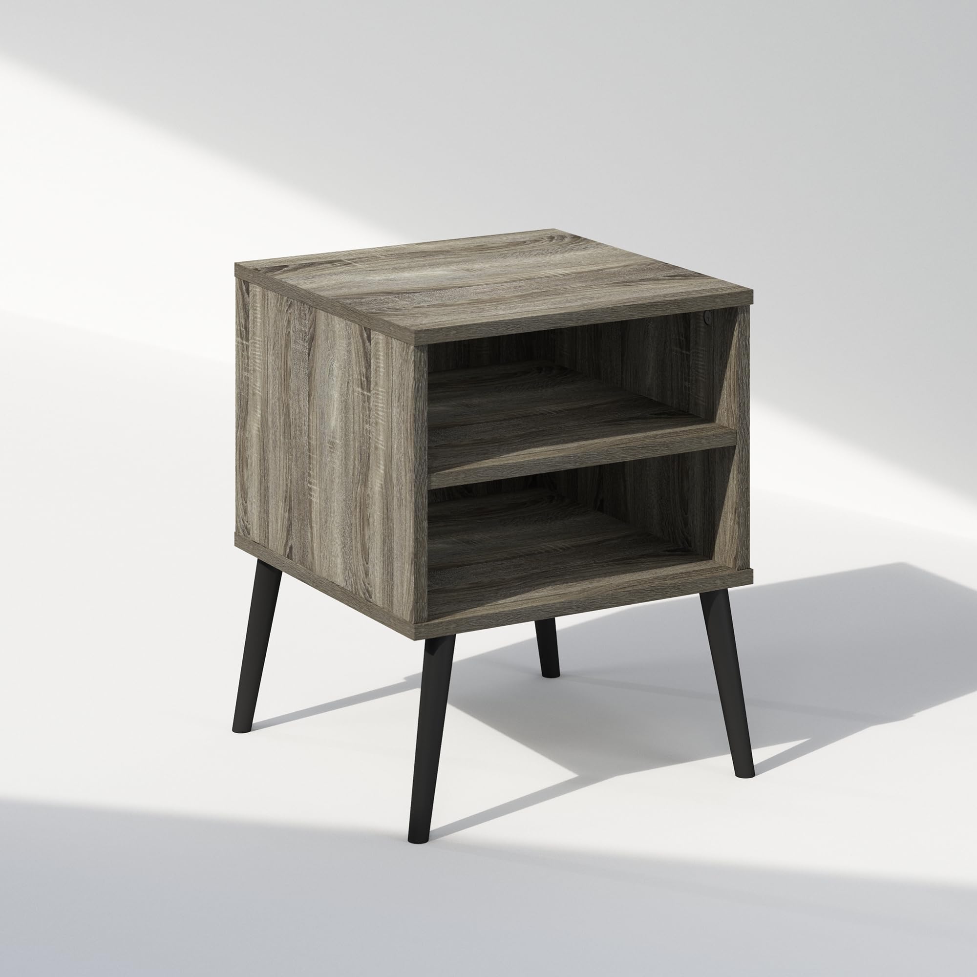 Furinno Claude Mid Century Style Nightstand With Wood Legs, 15.55 (D) X 15.55 (W) X 20.16 (H) Inches, French Oak Grey