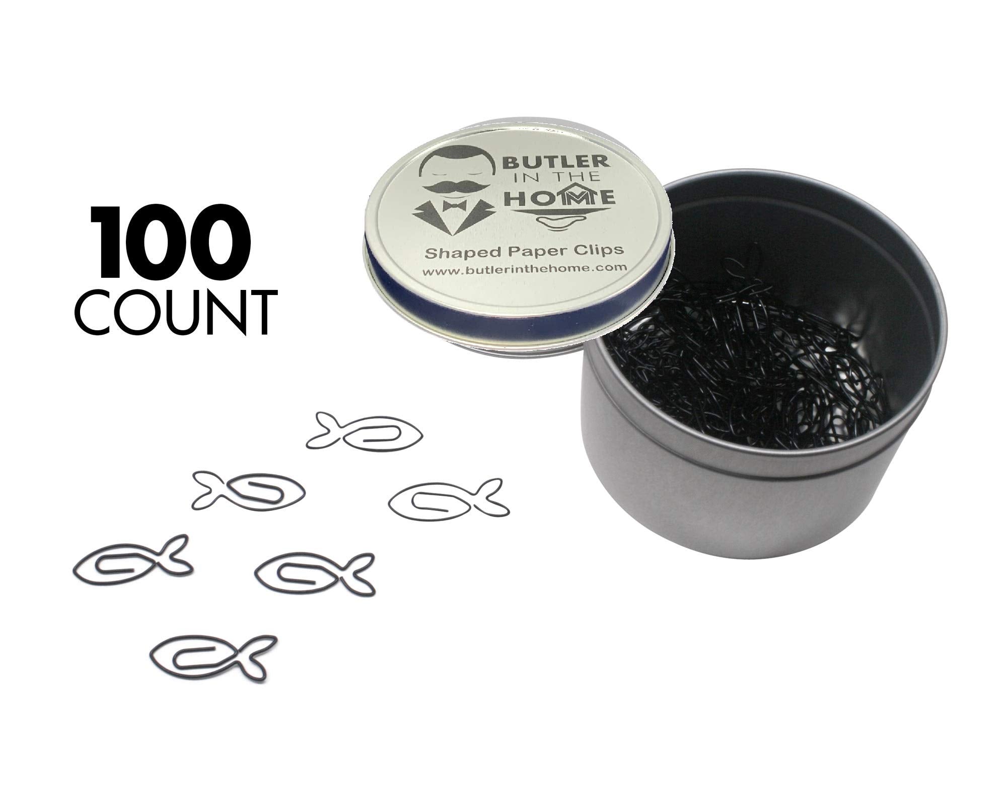 Butler In The Home 100 Count Fish Shaped Paper Clips Great For Paper Clip Collectors Or Office Gift - Comes In Round Tin With Li