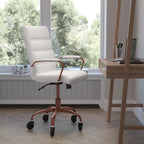 Flash Furniture Camilia Mid-Back Executive Swivel Office Chair With Rose Gold Frame, Arms, And Transparent Roller Wheels, 24&Quot;, White Leathersoft