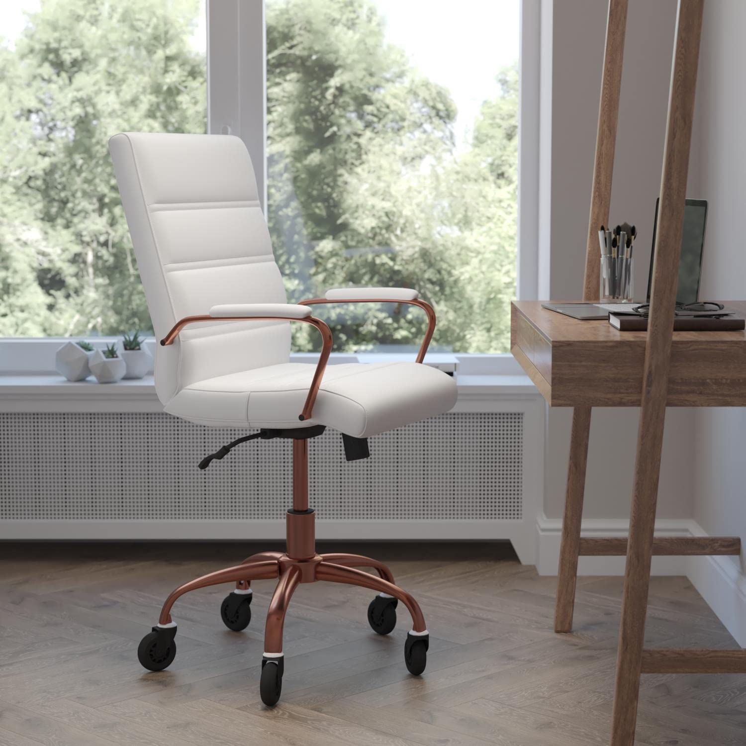 Flash Furniture Camilia Mid-Back Executive Swivel Office Chair With Rose Gold Frame, Arms, And Transparent Roller Wheels, 24&Quot;, White Leathersoft