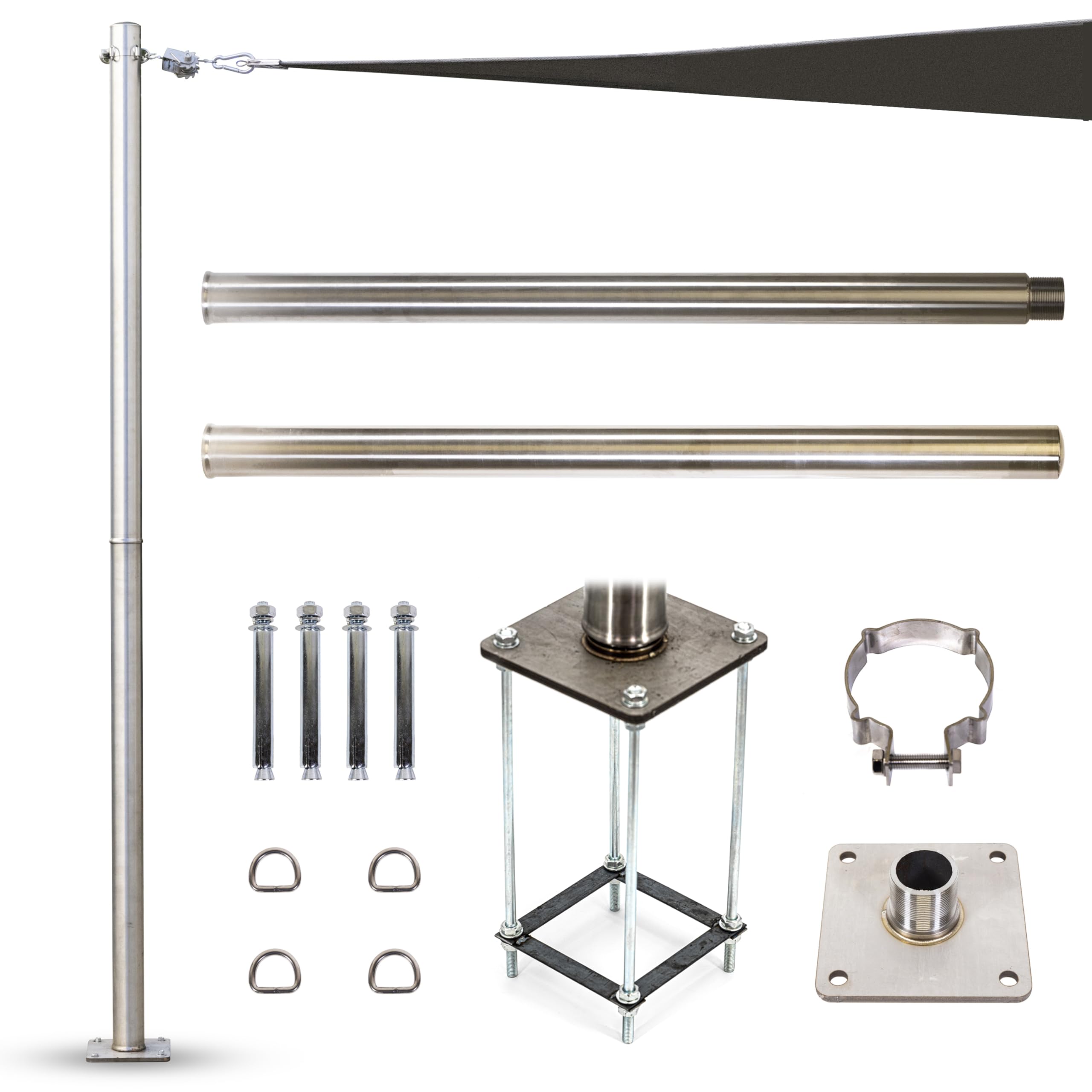 Shademart 8Ft Stainless Steel Pole With Reinforced Base Frame, Base Plate & Height - Adjustable Mounting Clamp - Easy Installati
