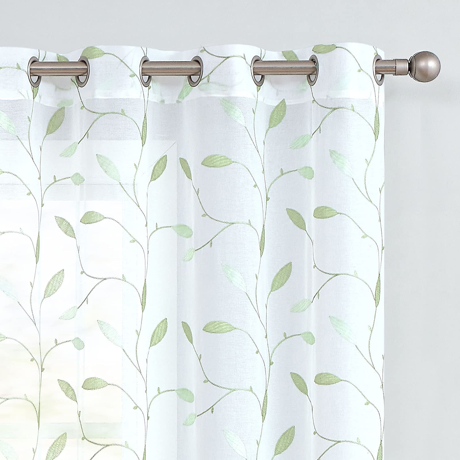 Lazzzy Sheer Curtains Embroidered Floral Leaf Voile Drapes For Bedroom Living Room Grommet Top Window Treatments 2 Panels 84 Inc