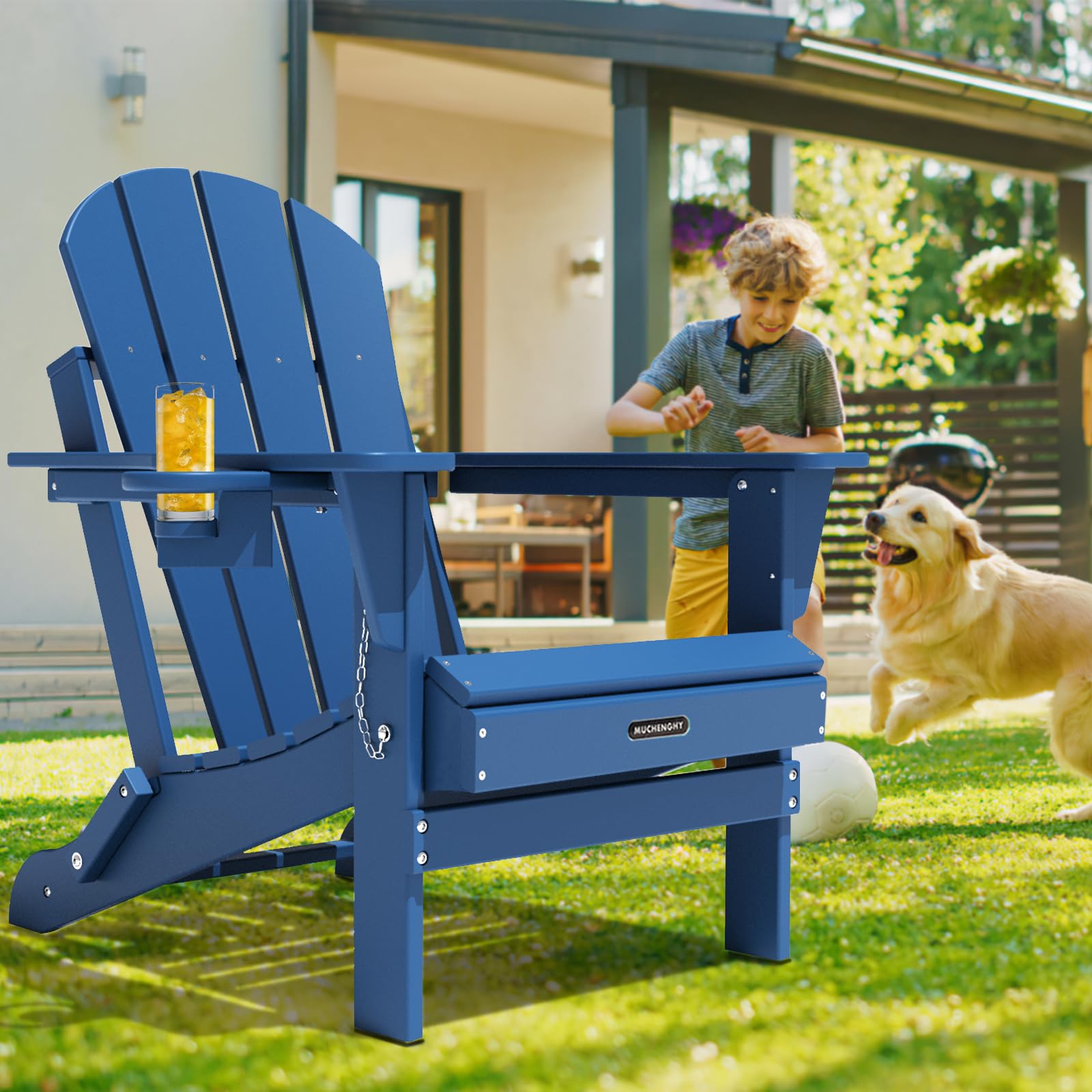 Muchenghy Folding Adirondack Chairs, Patio Chairs, Lawn Chairs, Outdoor Chairs, Adirondack Chair Plastic, Fire Pit Chairs, Weather Resistant With Cup Holder For Deck, Backyard, Garden(Navy Blue)