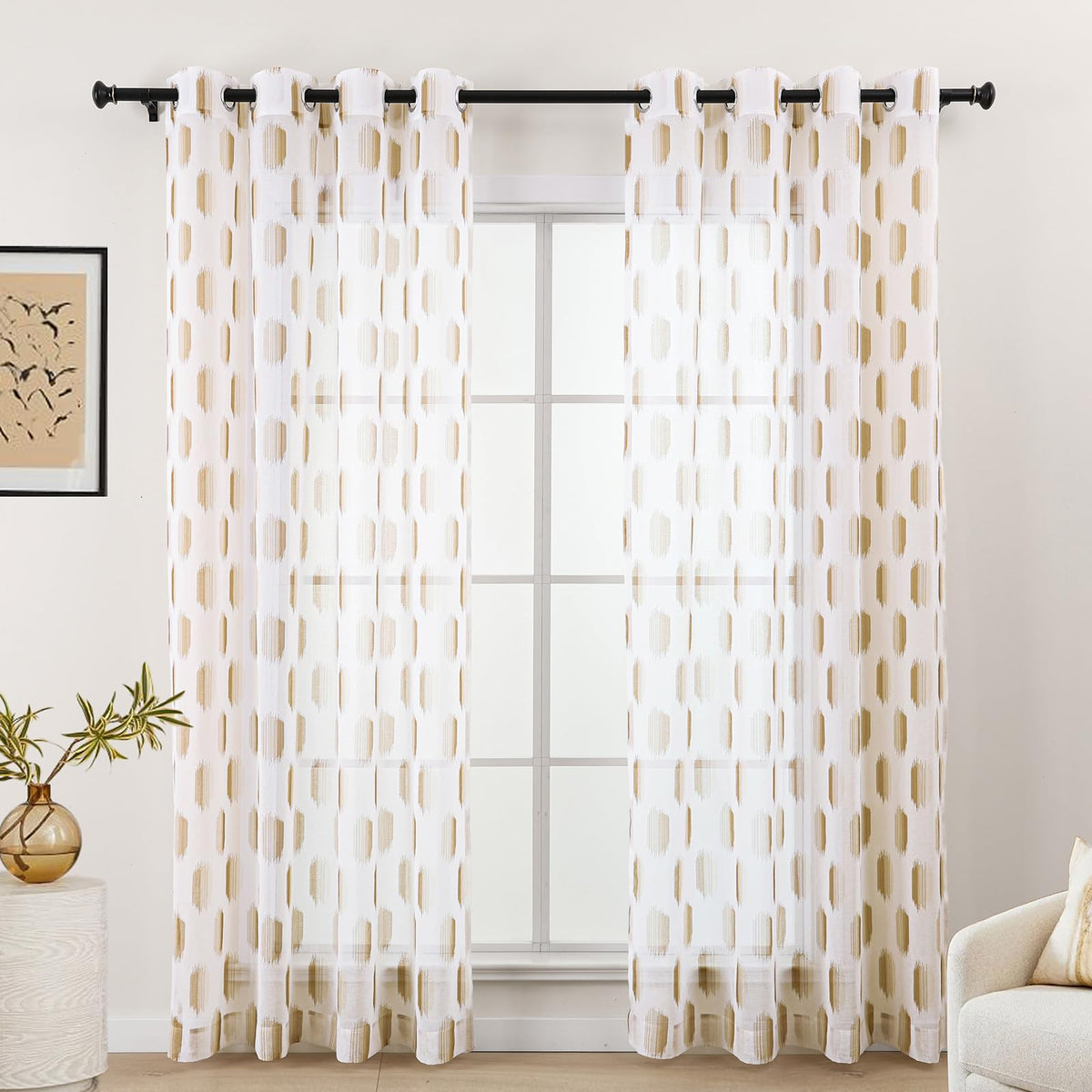 L.Z.E White Brown Sheer Curtains 84 Inches Long 2 Panels Set, Geometric Dot Pattern Transparent Curtains & Drapes for Living Roo