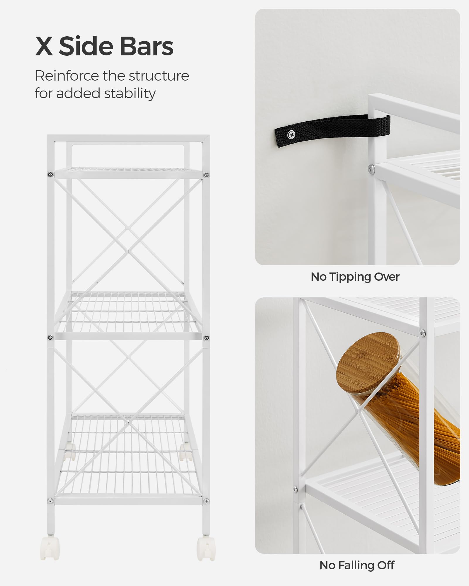 Songmics 3-Tier Metal Storage Rack With Wheels, Mesh Shelving Unit With X Side Frames, 31.5-Inch Width, For Entryway, Kitchen, Living Room, Bathroom, Industrial Style, White Ubsc183W01